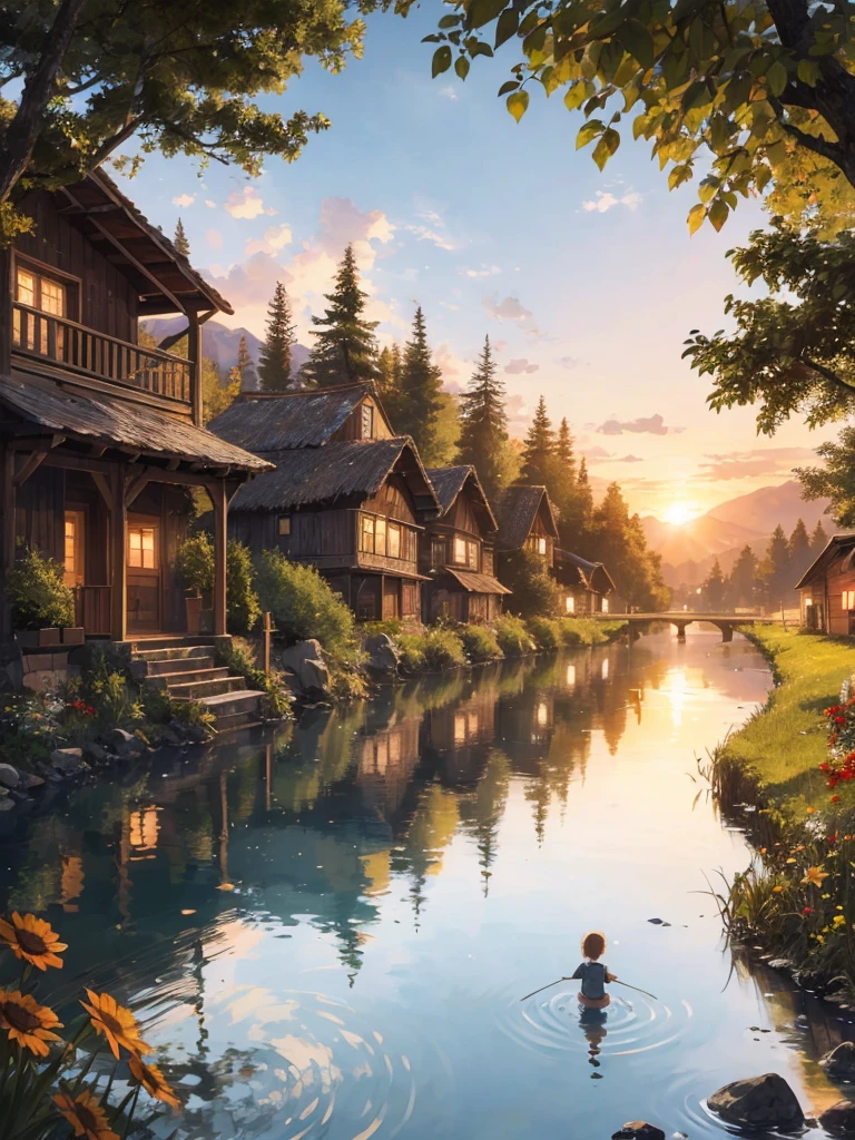(best quality, ultra detailed illustration) a quiet medieval village, set in a verdant valley surrounded by majestic mountains, the setting sun paints the sky with golden and red hues. wildflowers adorn the entrance to the wooden houses, with thatched roofs that reflect the light of twilight. At the edge of the crystal clear stream, children play happily while fishermen cast their nets into the lake, local musicians chanting folk melodies while young couples dance around the central campfire, which emits a comforting warmth. The scenery consists of smiling faces.