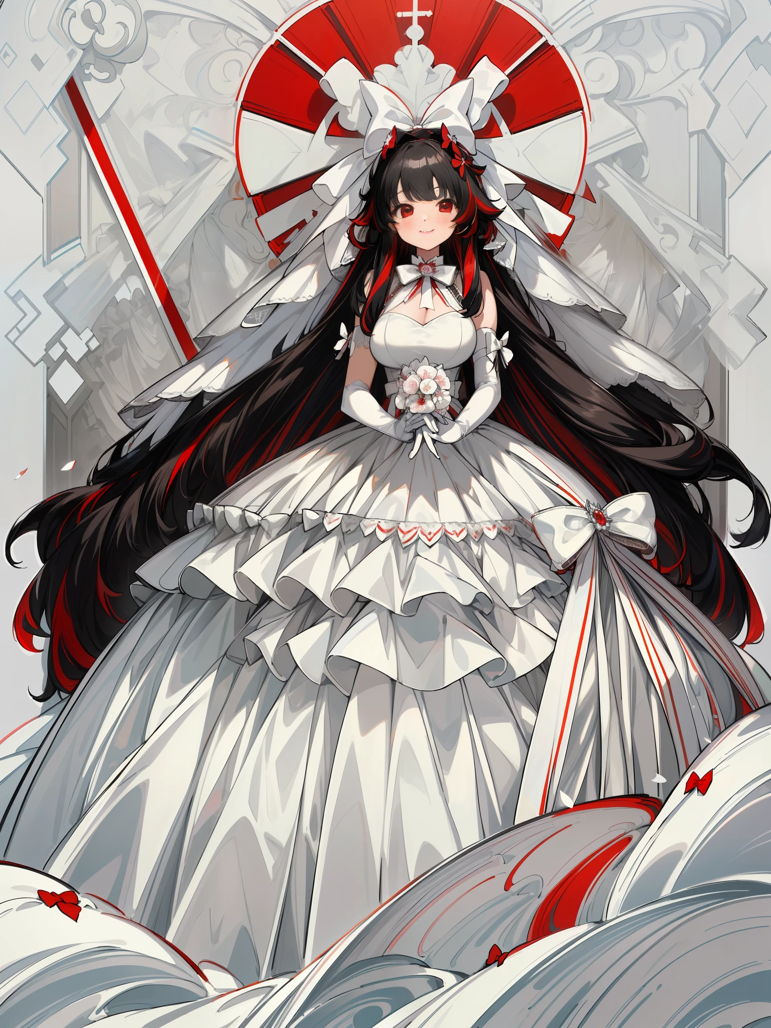 masterpiece, best quality, highres, rena1, 1girl, solo, multicolored hair, red eyes, black hair, white elbow gloves, split-color hair,wedding dress,ballgown skirt,white bow, large breasts, very long hair, hair bow, (holding hands:1.2), smile,add_detail:1.5