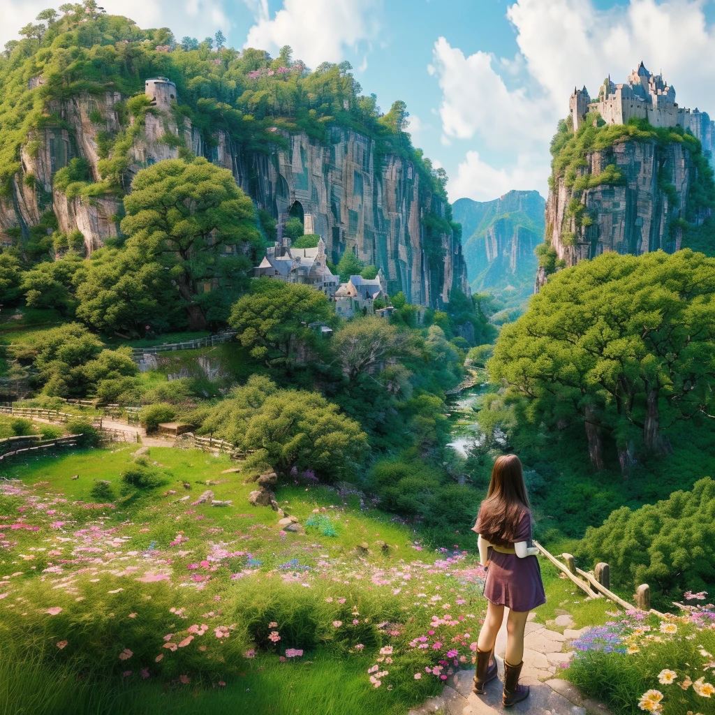 ((masterpiece,best quality,official art,unity 8k wallpaper, highres, (1girl:1.4),looking away,(breathtaking landscapes:1.2), natural wonders, serene vistas, outdoor exploration, (diverse ecosystems:1.2), scenic beauty, tree,castle,village,flowers,bridge,fence, (birds:1.2)