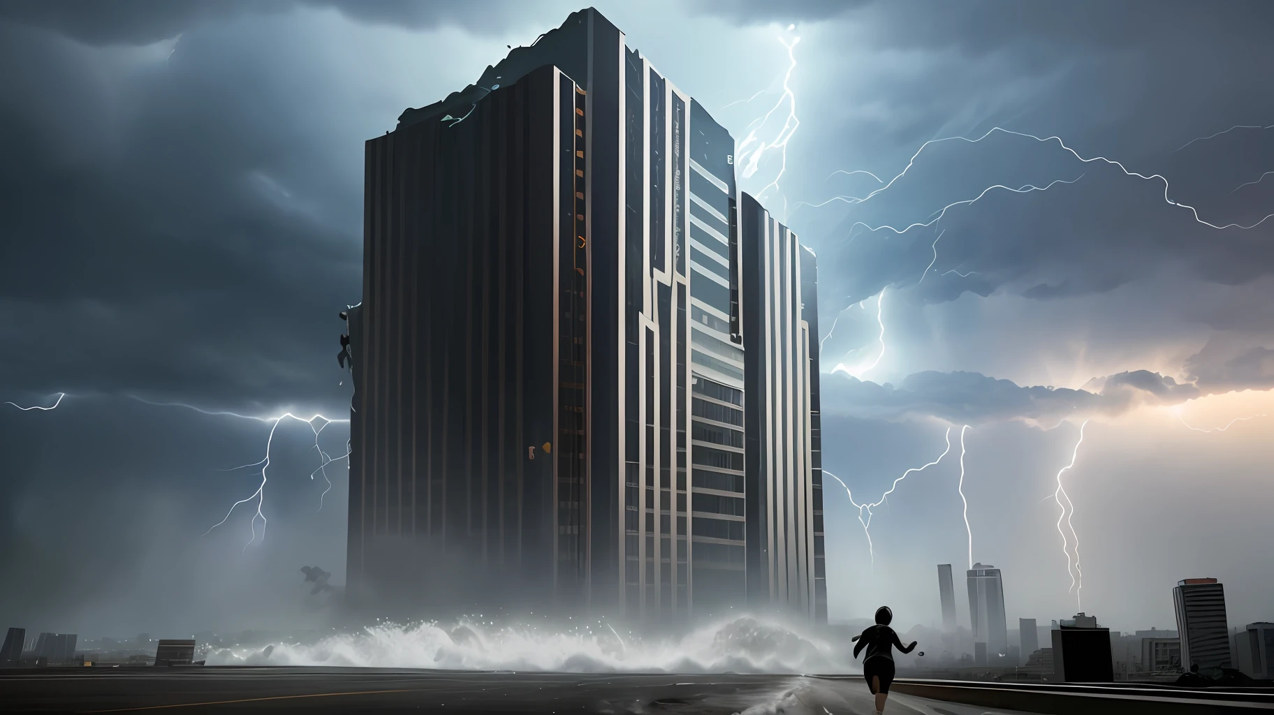 image of a person totally in a desperate panic running and looking at the buildings falling, cars, earthquake, ominous clouds, hurricane, lightning, high quality images, ultra realistic details, end of the world.