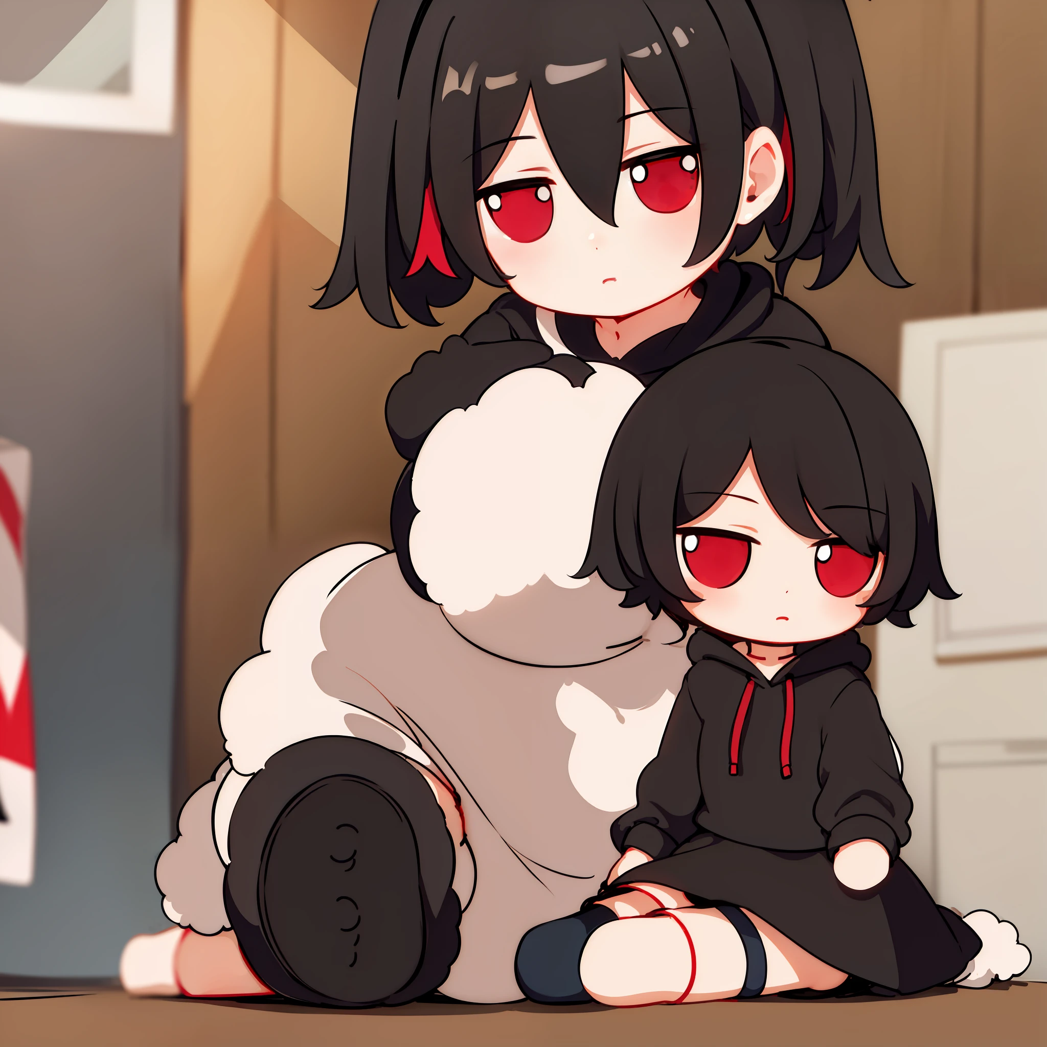 1girl, only, red eyes, black hair, short hair, black hoody, black skirt, smoke, doll, sitting