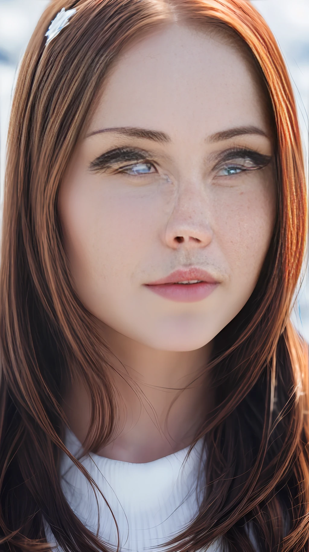 photo realistic, a realistic photo of a girl , with red hair, blue eyes , in the snow , detailed face , beautiful face , beautiful eyes ,detailed eyes, beautiful hair , detailed hair, detailed mouth, beautiful mouth, beautiful nose , detailed nose , perfect face , detailed anatomy, super detailed, super detailed, ultra detailed, aggressive details, aggressive, photograph taken with canon m50 mk2, aperture f/2.8, 85mm focal length, focus point left eye, high resolution, intricate detail, 8k, 4k (1 girl), (extremely detailed unity 8k CG wallpaper), photo of the world's most beautiful artwork, majestic professional (photo by Steve McCurry), 8k uhd, dslr, dim lighting, high quality, film grain, sharp focus Fujifilm XT3, f 5.6, high detail, sharp, dramatic focus (looking at the viewer: 1.2), (detailed students: 1.3), (natural light),