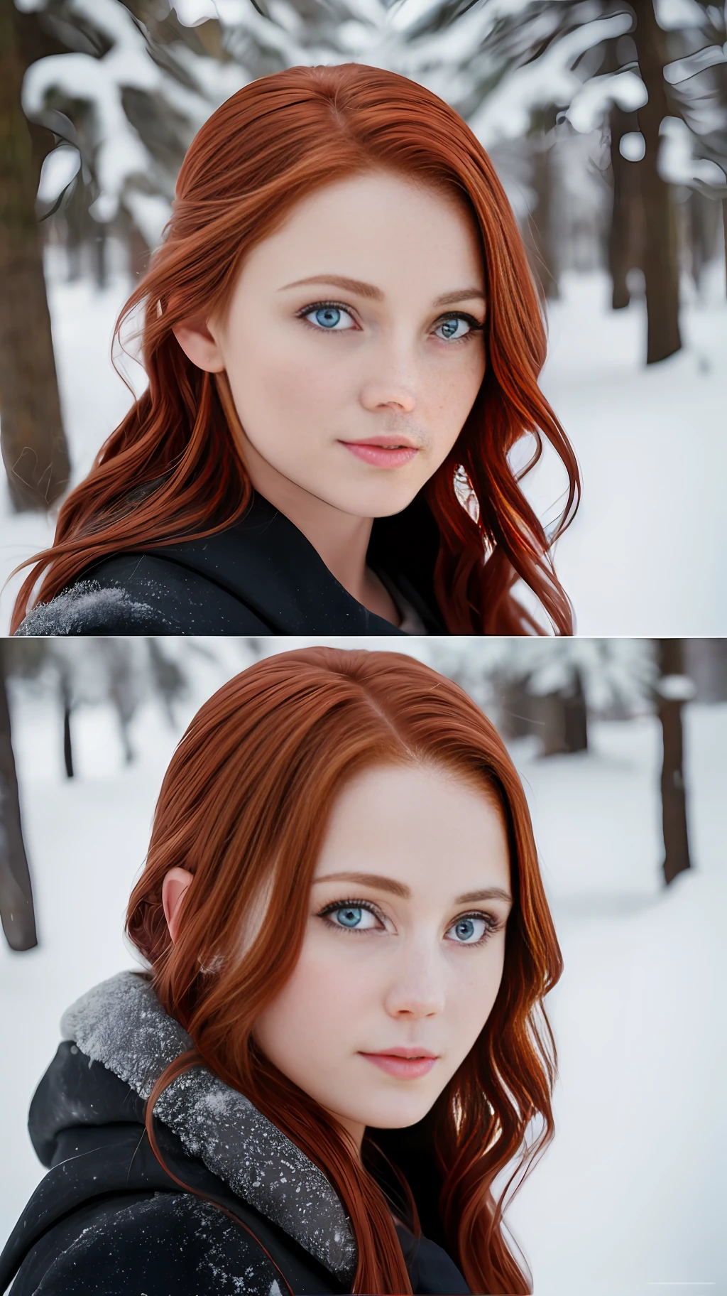 photo realistic, a realistic photo of a girl , with red hair, blue eyes , in the snow , detailed face , beautiful face , beautiful eyes ,detailed eyes, beautiful hair , detailed hair, detailed mouth, beautiful mouth, beautiful nose , detailed nose , perfect face , detailed ???????, super detailed, super detailed, ultra detailed, aggressive details, aggressive, photograph taken with canon m50 mk2, aperture f/2.8, 85mm focal length, focus point left eye, high resolution, intricate detail, 8k, 4k (1 girl), (extremely detailed unity 8k CG wallpaper), photo of the world's most beautiful artwork, majestic professional (photo by Steve McCurry), 8k uhd, dslr, dim lighting, high quality, film grain, sharp focus Fujifilm XT3, f 5.6, high detail, sharp, dramatic focus (looking at the viewer: 1.2), (detailed students: 1.3), (natural light),