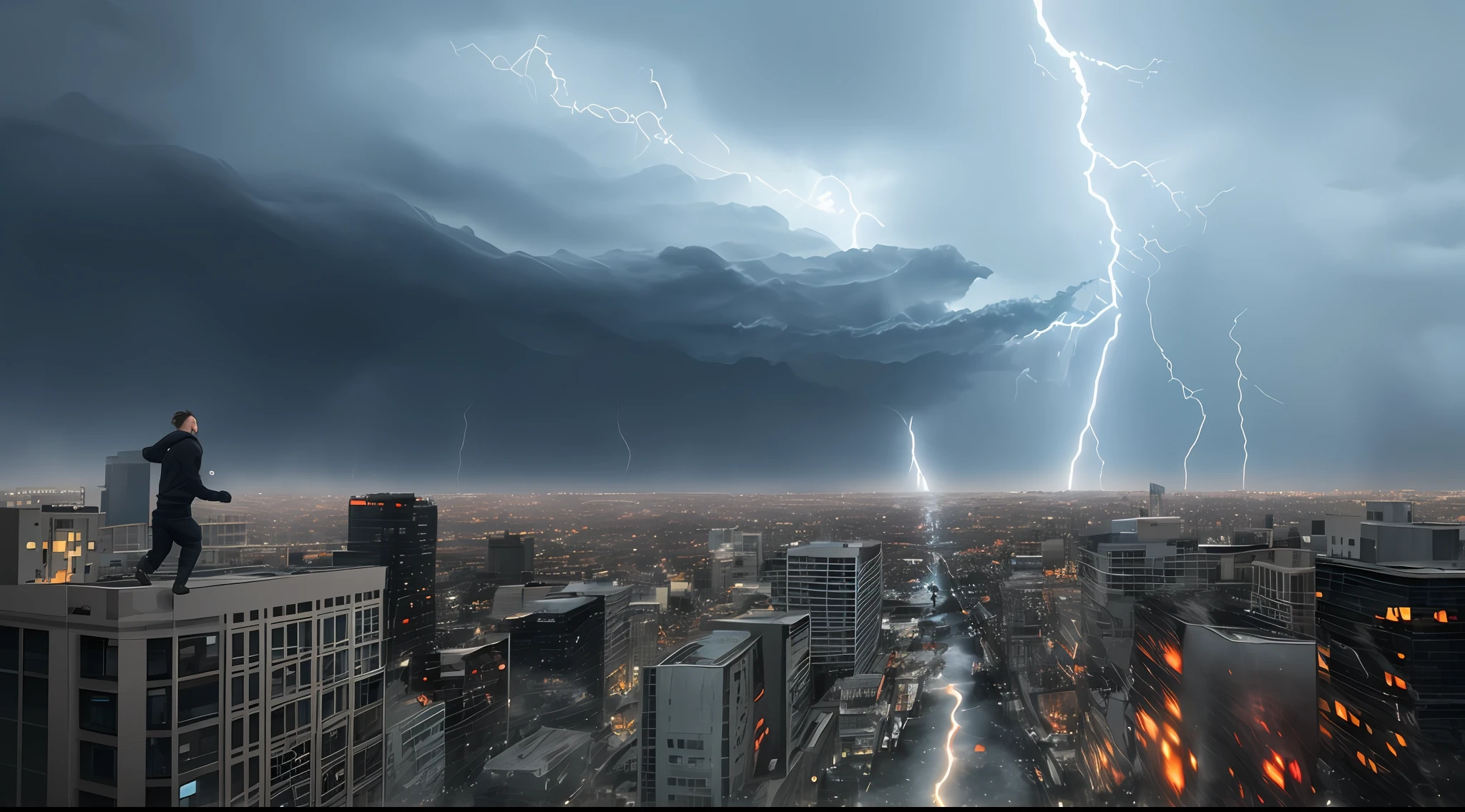 image of a person totally in a desperate panic running and looking at the buildings falling, cars, earthquake, ominous clouds, hurricane, lightning, high quality images, ultra realistic details, end of the world.