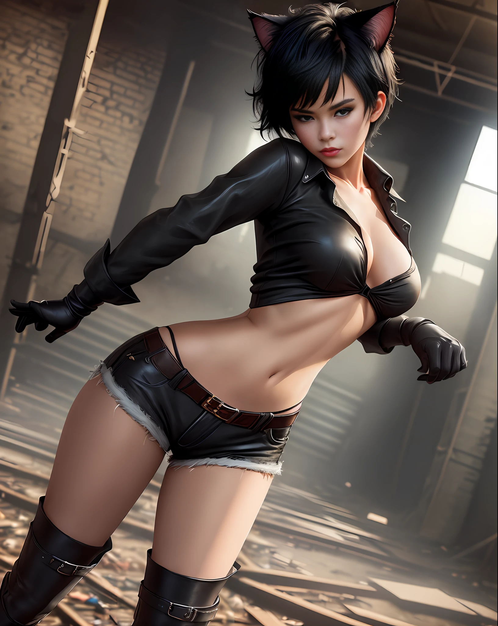 Girl doing bold standing, cat ears, seductive, medium breasts, black blouse dropped on side, short shorts, black boot, black glove, short black hair, crepe fabric, attractive. (Warehouse, old and abandoned place, night, dust flying), (ambient lighting, masterpiece, posing for the camera, seducing, depth of field, 4K, 35mm lens, richness of detail). Hollywood Style