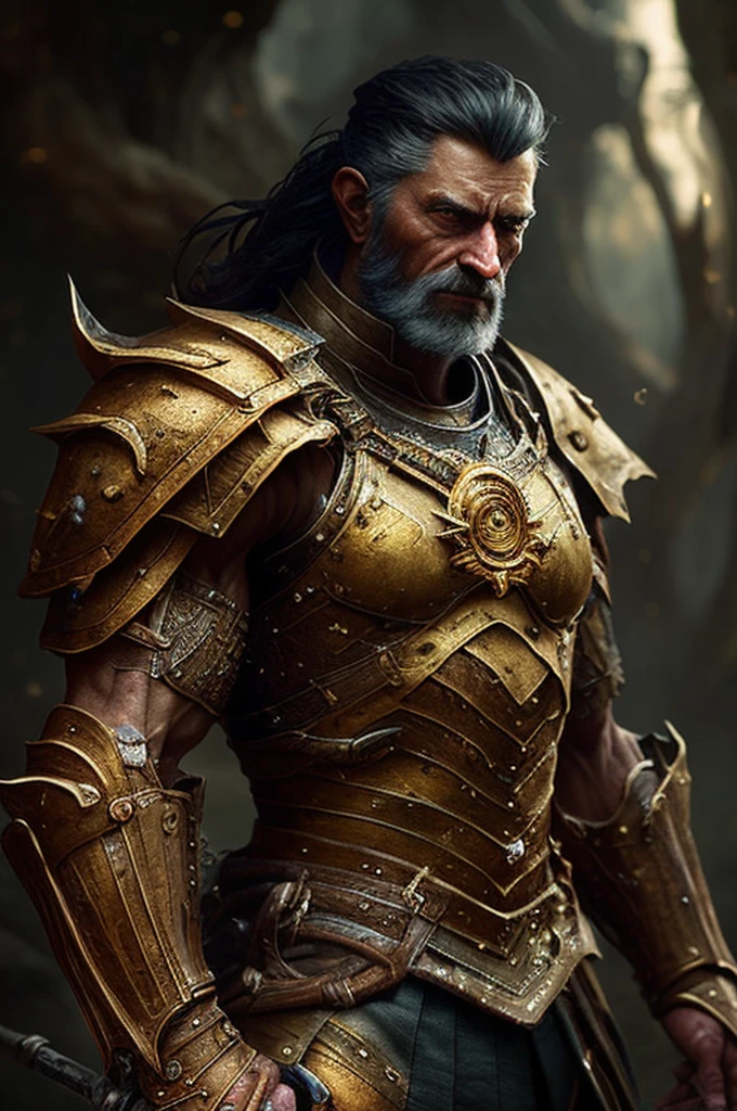 (Masterpiece), (Extreme), (Super detailed), (Full Body), a Viking in golden armor, wielding a shield in his left hand and a hammer in his right hand coming out of rays, full body image, futuristic detailed background, strong man, radiating a golden light of armor, muscular, showing the abdominal muscles, abdominal muscles to show, in position of attack, expression with anger, Show the shield in detail