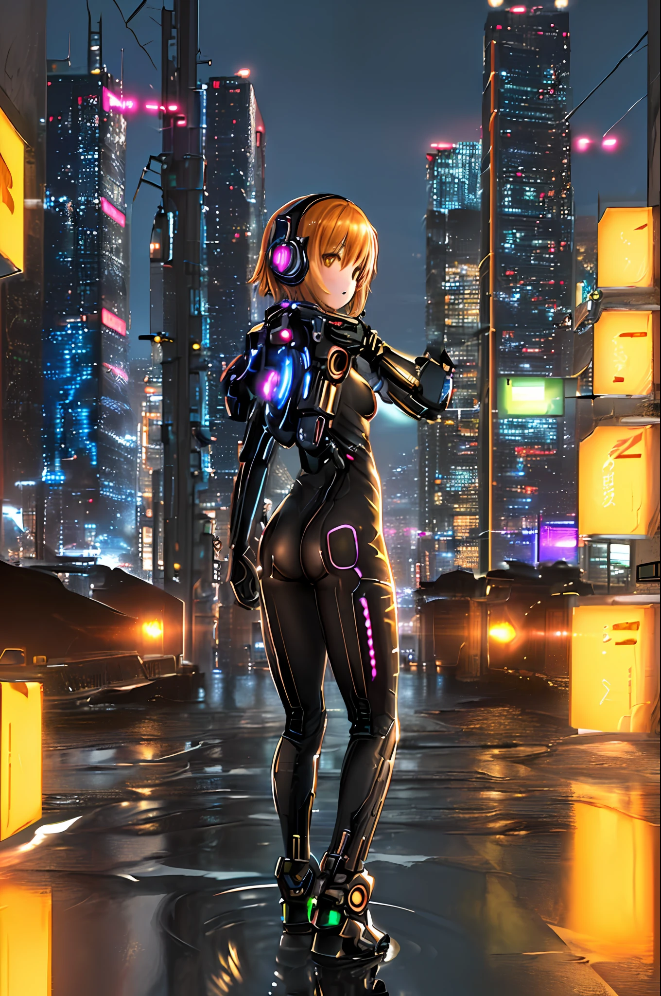 ((masterpiece,best quality)), (cyberpunk,night sky, night,cinematic lighting,extremely detailed :1.3), 1girl, ((solo)),((extremely detailed CG unity 8k wallpaper)),((bodysuit)), hoshizora_rin,((small breasts)), short hair, detailed background,  yellow eyes, orange hair, ((nsfw)),cyberpunk city, neon lights, LED, colorful, (outdoors:1.2), looking back, ass,  fantasy, cityscape, ((illustration)),digital art, digital illustration, 4k, trending on artstation, cinematic, agfacolor,(Lighting headphones), ((depth of field)),water, ((night)), reflection, puddle,