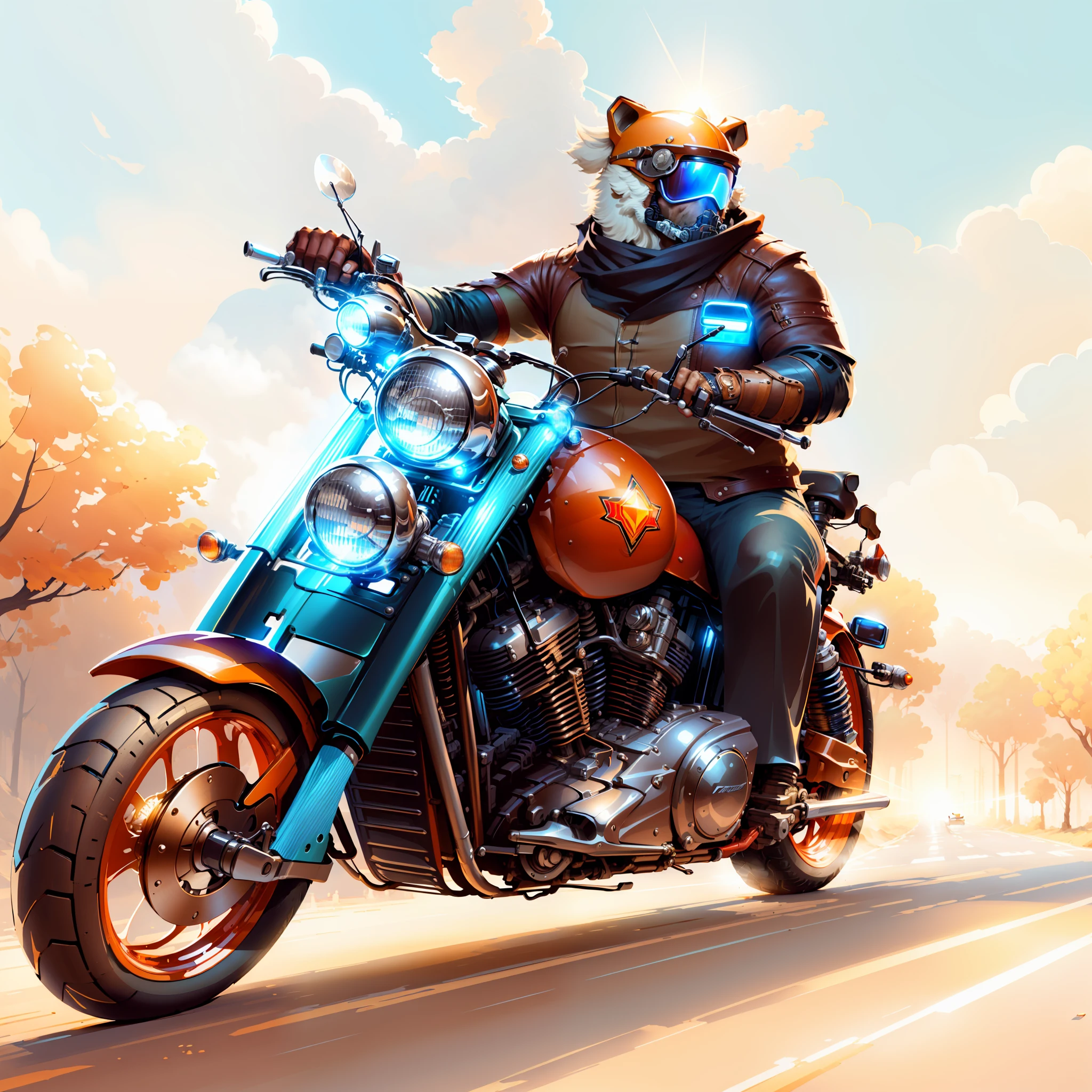 there is a man riding a motorcycle down the road on a sunny day, motorcycle concept art, by Craig Thompson, riding steampunk motorcycle, biker, wojtek fus, by Jason Benjamin, alexey egorov, by Daniel Ljunggren, by ken kelly, by Johannes Helgeson, epic full color illustration, sergey kolesov, martin ansin
