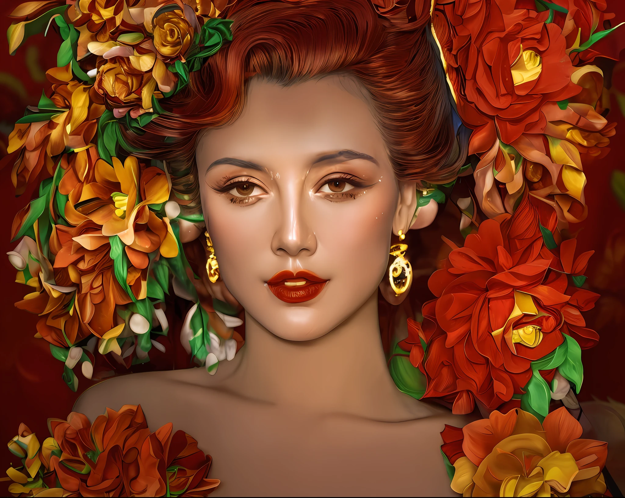 there is a woman wearing a tiara and holding a flower, rose crown, red adornements, intricate flower tiara, wearing gilded ribes, floral headpiece, red jewelry, red adornments, ornate headpiece, floral crown, gold floral headdress, amazing flower tiara, floral headdress, wearing a flower headpiece, flower tiara, ethereal fairytale