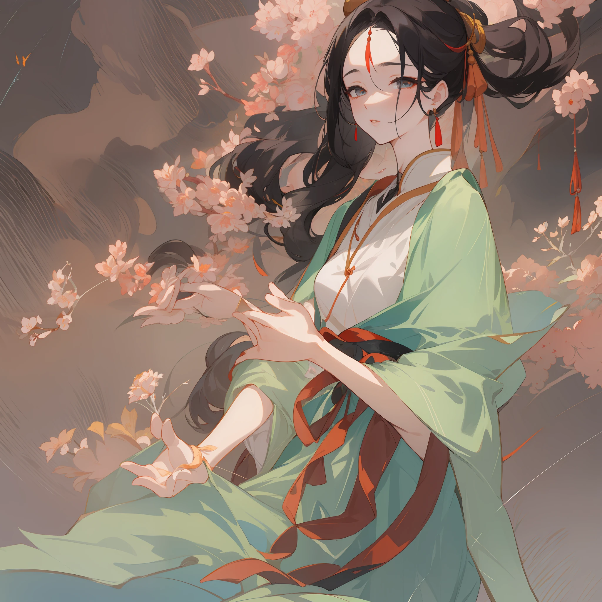 An ancient Chinese beauty, charming temperament, flowing long skirt, clear face, beautiful eyes, osmanthus surrounding, masterpiece, super detailed, epic composition, super HD, high quality, highest quality, 32k --v 6