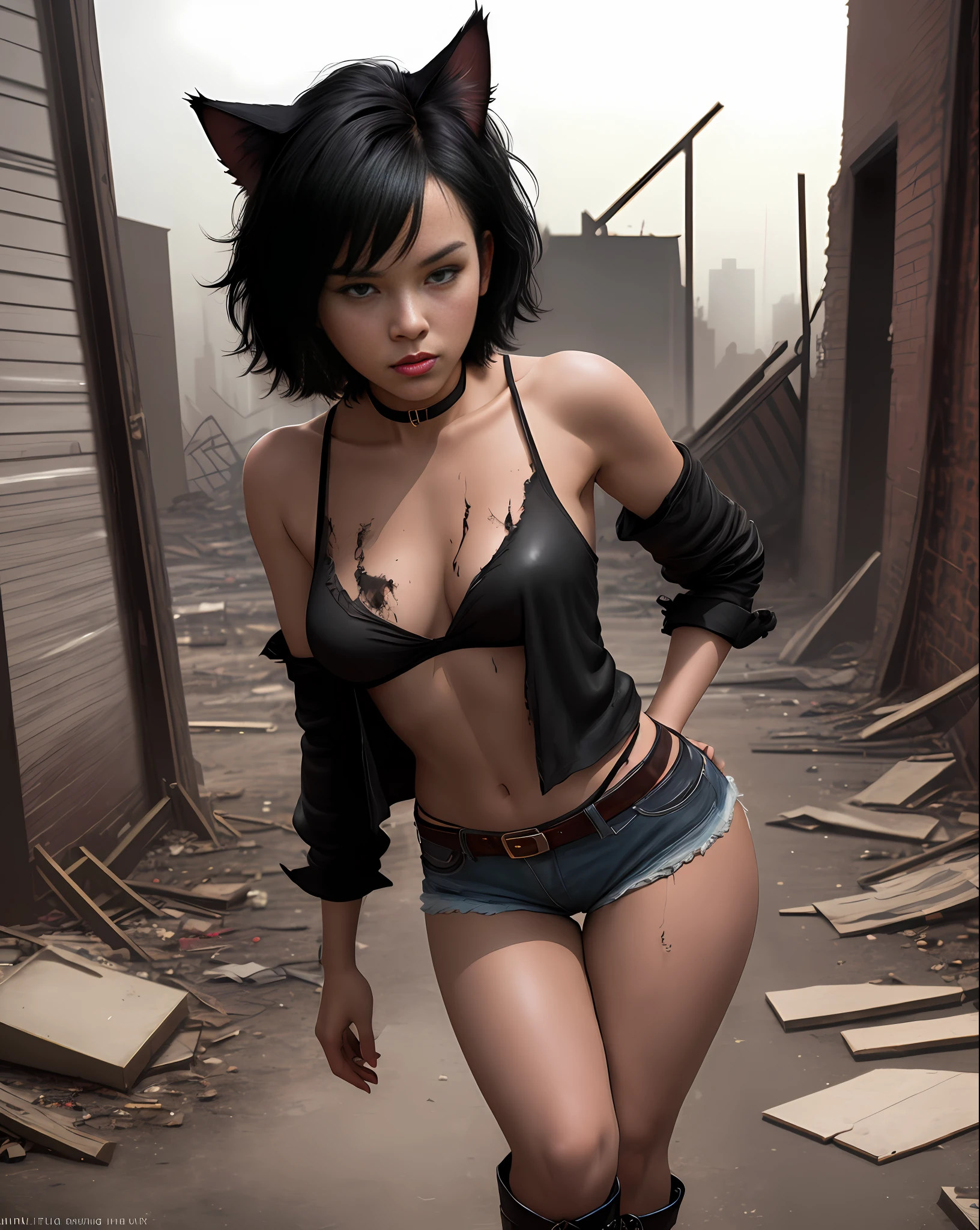 Girl doing bold pose standing, cat ears, seductive, medium breasts, black blouse dropped on its side, short shorts, black boot, black glove, short black hair, crepe fabric, attractive, all dirty with blood. (Warehouse, old and abandoned place, night, dust flying), (ambient lighting, masterpiece, posing for the camera, seducing, depth of field, 4K, 35mm lens, richness of detail). Hollywood Style