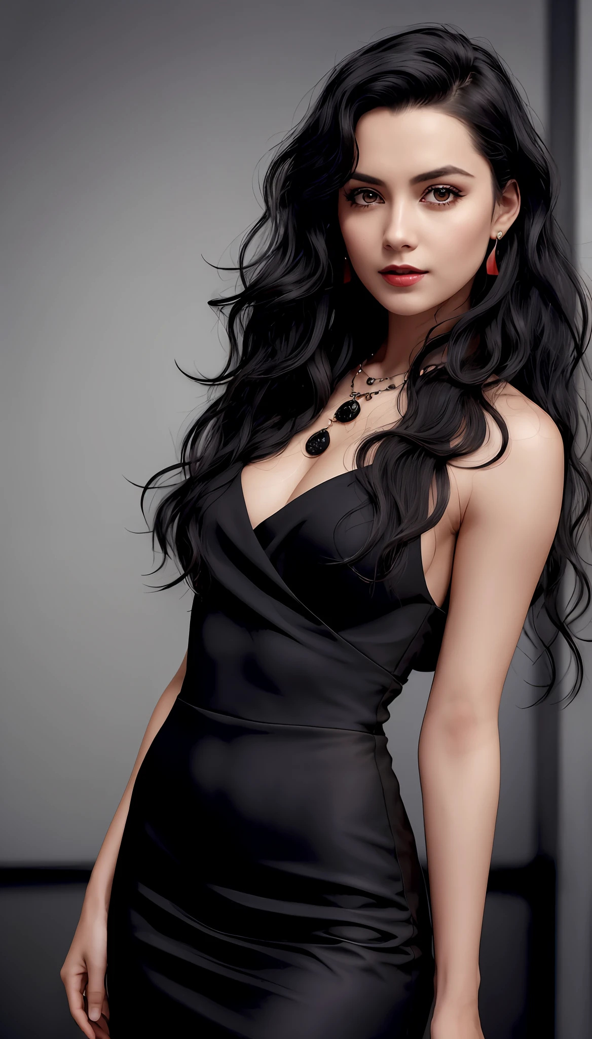 (8k, RAW photo, dark, highest quality),(epic realistic:1.5), one woman, alone, 25 years old, dynamic posture, full body, erotic face, slender and busty, high cut black modest silk blouse, black modest silk pencil skirt,(detailed eyes:0.8),(looking at the camera:1.4), (highest quality), (best shadow),intricate details,cinematic,((skin:1.4)),interior, (wavy black shoulder length hair:1.3),dark studio,(hdr:1.5),detailed, dark , night time, confident pose, deep shadows, lights out, muted colors, dark room, dark red earrings, dark red necklace, smiling seductively, red irises, big eyes, red lips, perfect makeup, posing confidently, portrait, dark chamber, cold lighting, dim, hard shadows, dark room,