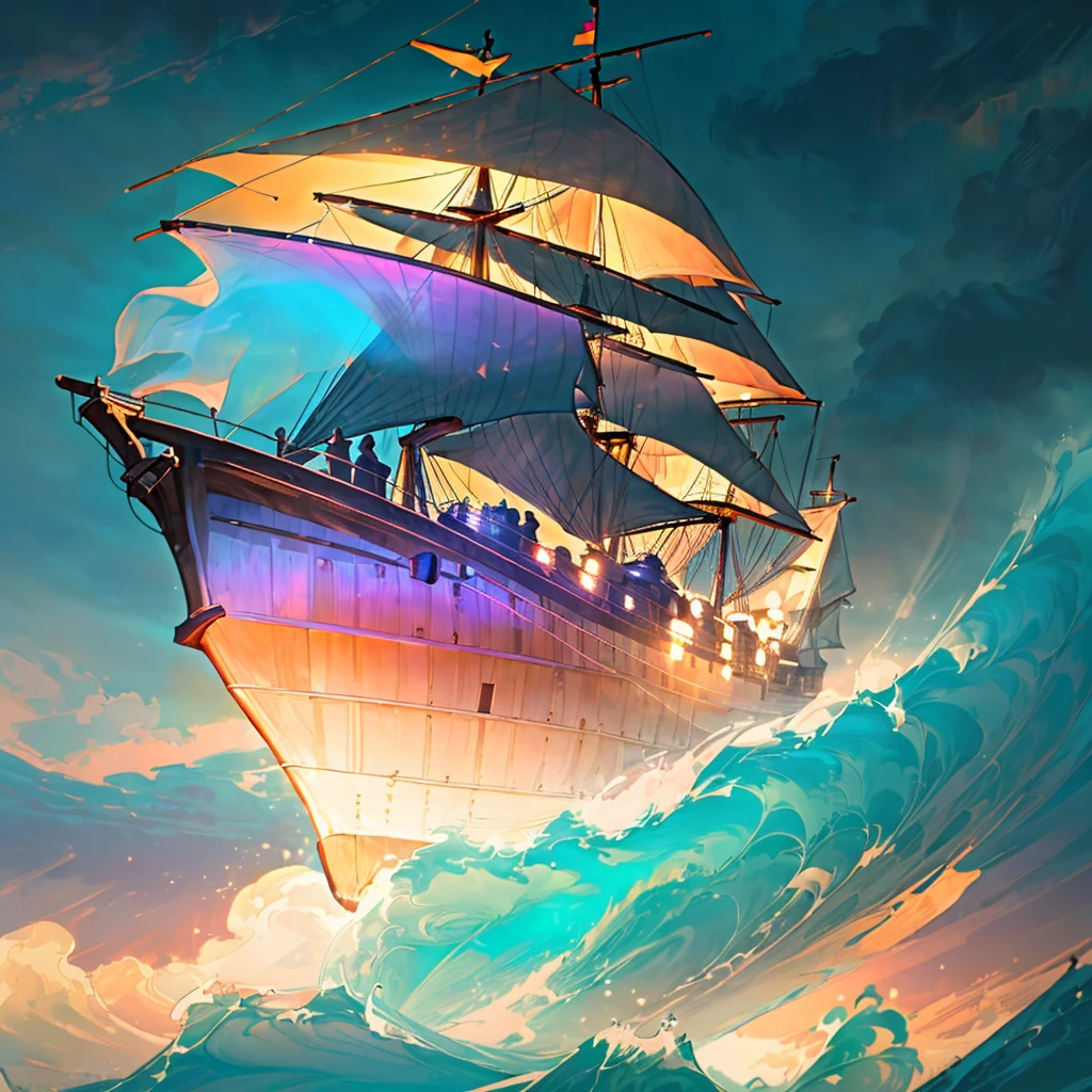 (((8k, RAW photo, Best Quality, Masterpiece: 1.4))), Ultra High Resolution, Ultra Detailed, Illustration, Close Up, Environment Only, (spectral ghost sailing ship emerges form dark clouds), (glowing brightly with a golden light), (dark stormy sky), glistening, waves crash, dolphins swim alongside, imagination, outdoors, particle effects,