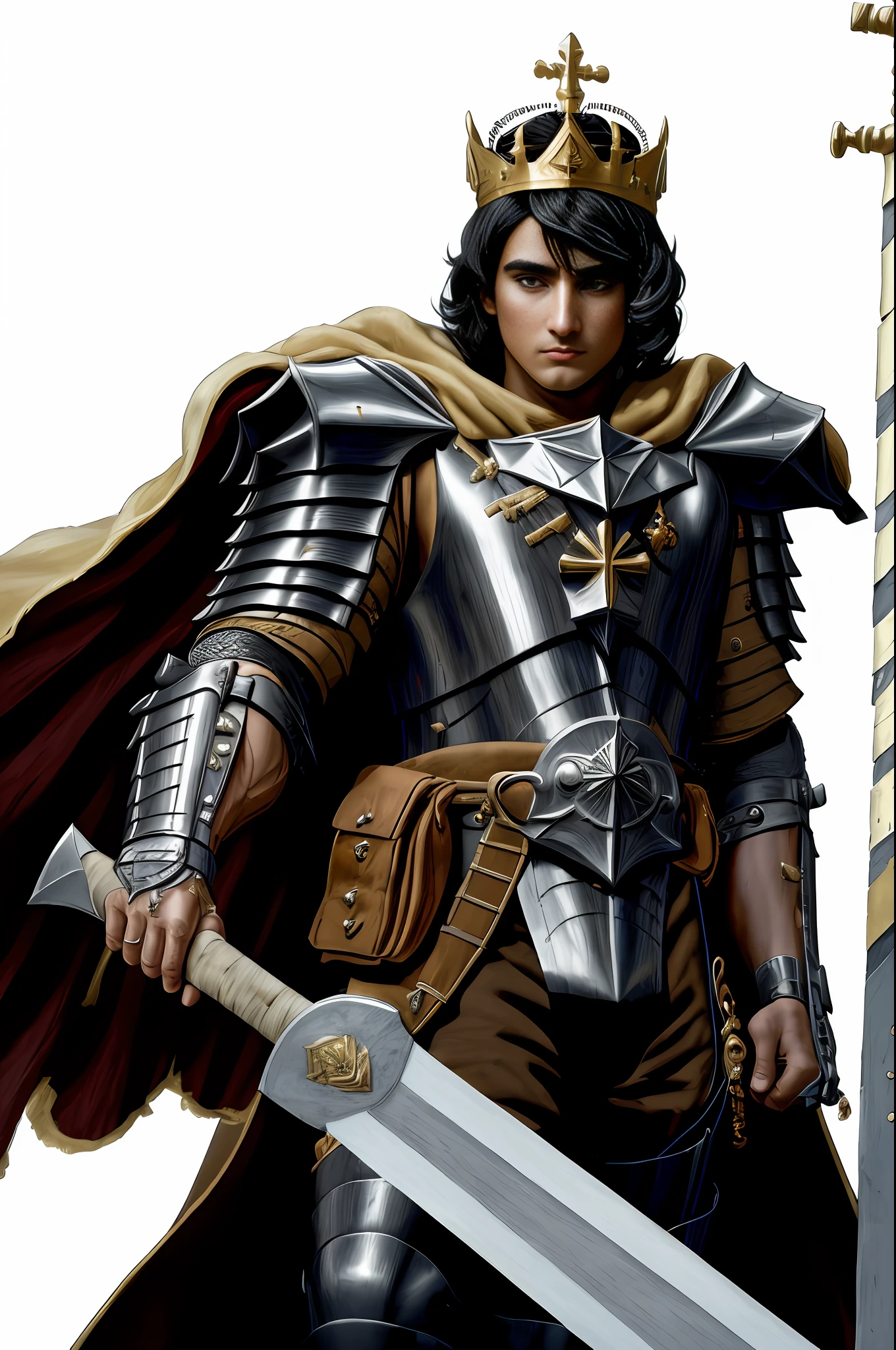 Masterpiece, best quality, highly detailed, black haired Templar hairdresser, with crown with golden armor and white robe, shield and sword in fist descending from the sky.