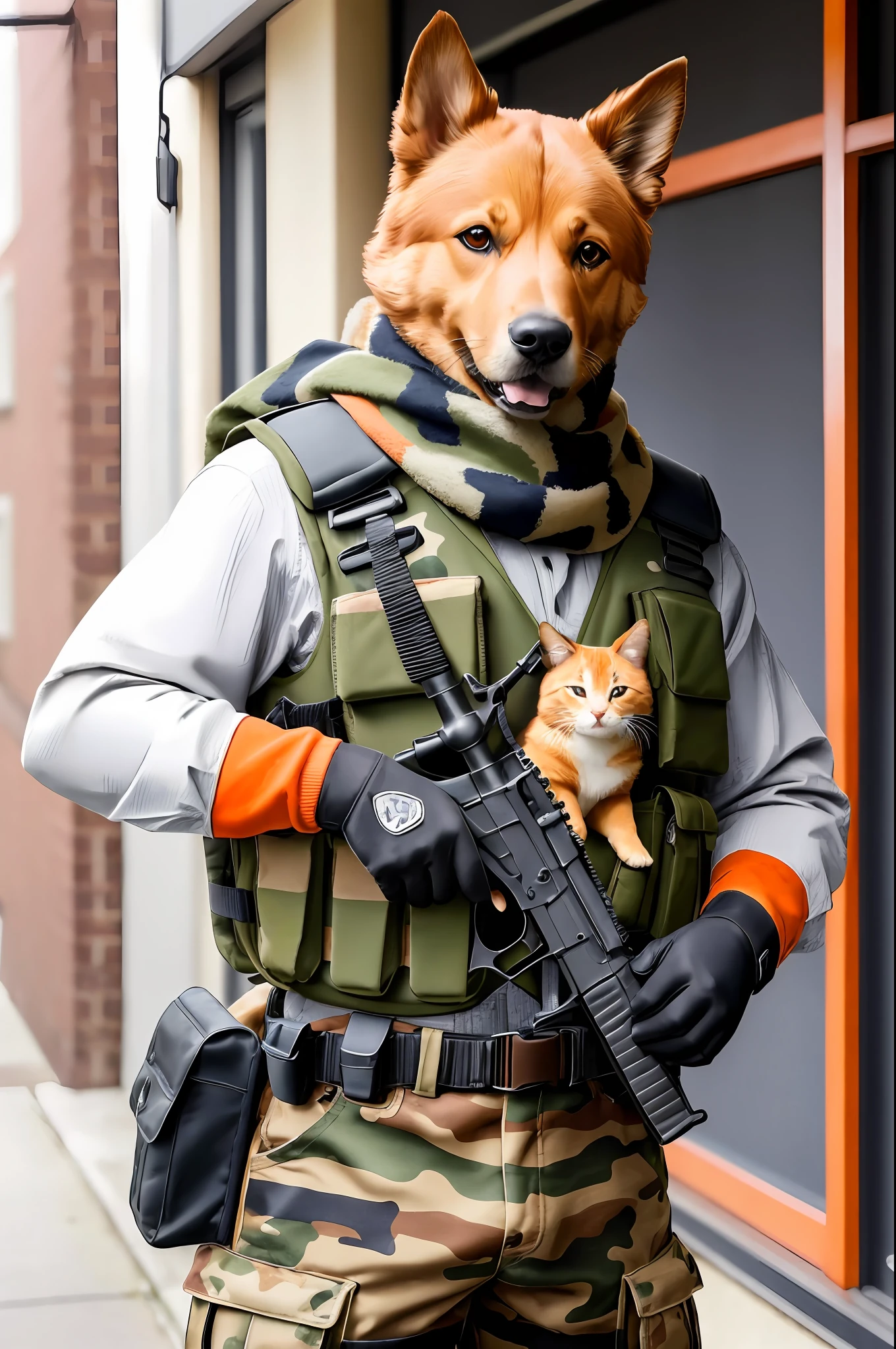 absurd, (realistic: 1.5), (masterpiece, extremely detailed CG unit 8k wallpaper, best quality, highres: 1.2), (ultra_detailed, UHD: 1.2), perfect lighting, unreal engine, side lighting, (dark background: 1.4), (dog: 1.3), (dog tabby: 1.2), (orange dog:1.2), (no humans:1.2), (hairy:1.1), animal focus, animal, soil, standing, gun, gun, rifle, assault rifle, gloves, holding,  holding gun, holding gun, military, whiskers, cargo vest, purse, holster, camouflage, purse, scarf, blurred background