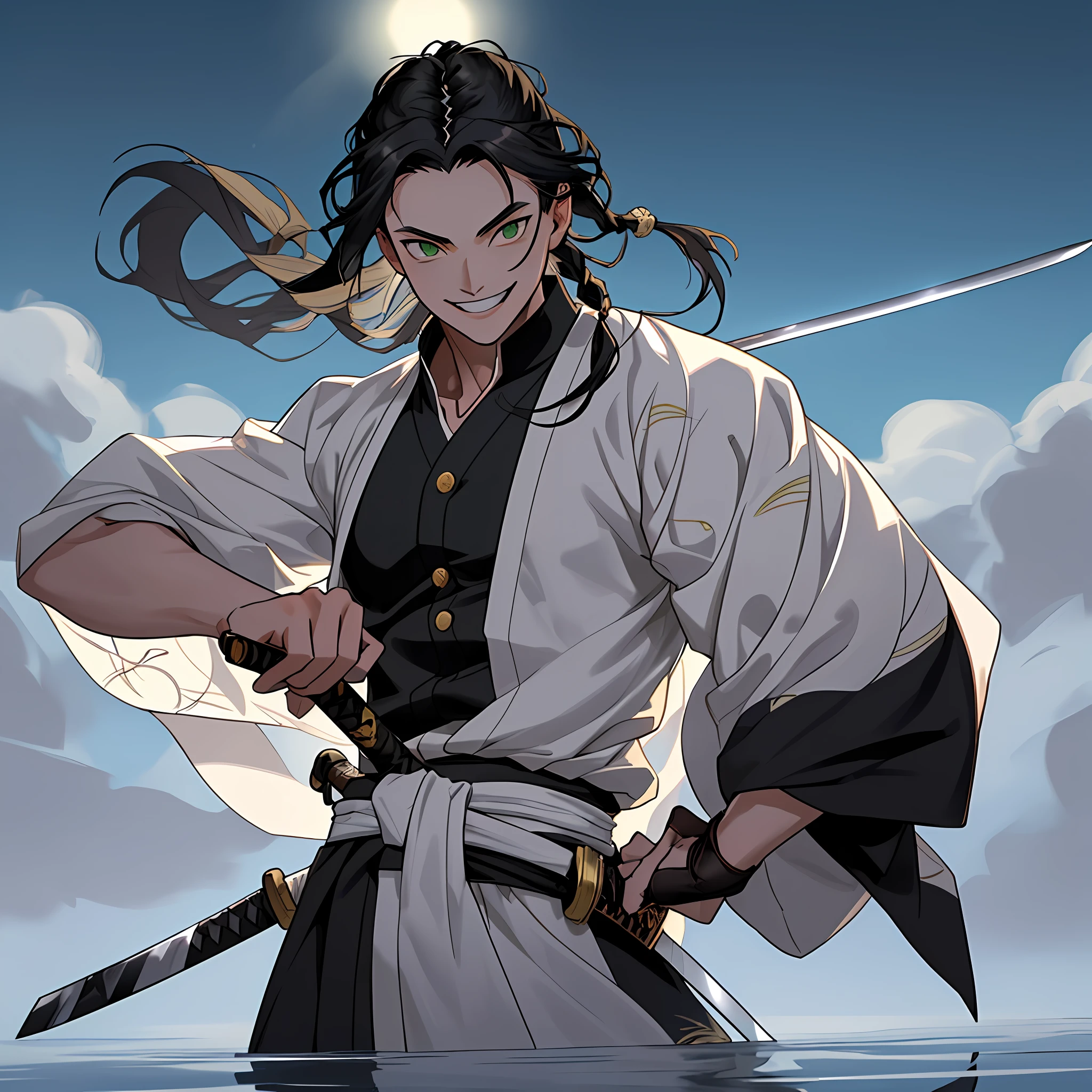 best quality (katana: 1.4), serious,(at night: 1.4), a single 18-year-old has long black hair that is loose to the winds, straight and shiny, which falls gently to the back. Her hair is thick and has a healthy appearance, contrasting with her fair skin. The young man's eyes are deep and emerald green, intense as two light pearls. They reflect calm and an inquisitive curiosity. With his upright posture, the child shows a confident bearing and a cheerful and hyperactive aura. She wears a white kimono with azuuis-greenish details with patterned gray clouds, with a large yellow ribbon at her waist, sleeveless, made of a quality fabric. giving him the look of a swordsman. At his waist, the child carries a white katana with gray details on the blade. The long, sharp blade is made of polished steel, reflecting light. The katana grip is wrapped in black leather, offering a firm and secure grip. The scabbard of the sword adorned with demonic symbols. Kimetsu no Yaiba style, alone, 1boy, muscular man, demon slayer style, loose hair, quiet look, smiling, tall, confident, only 1, spilled hair, loose and big hair