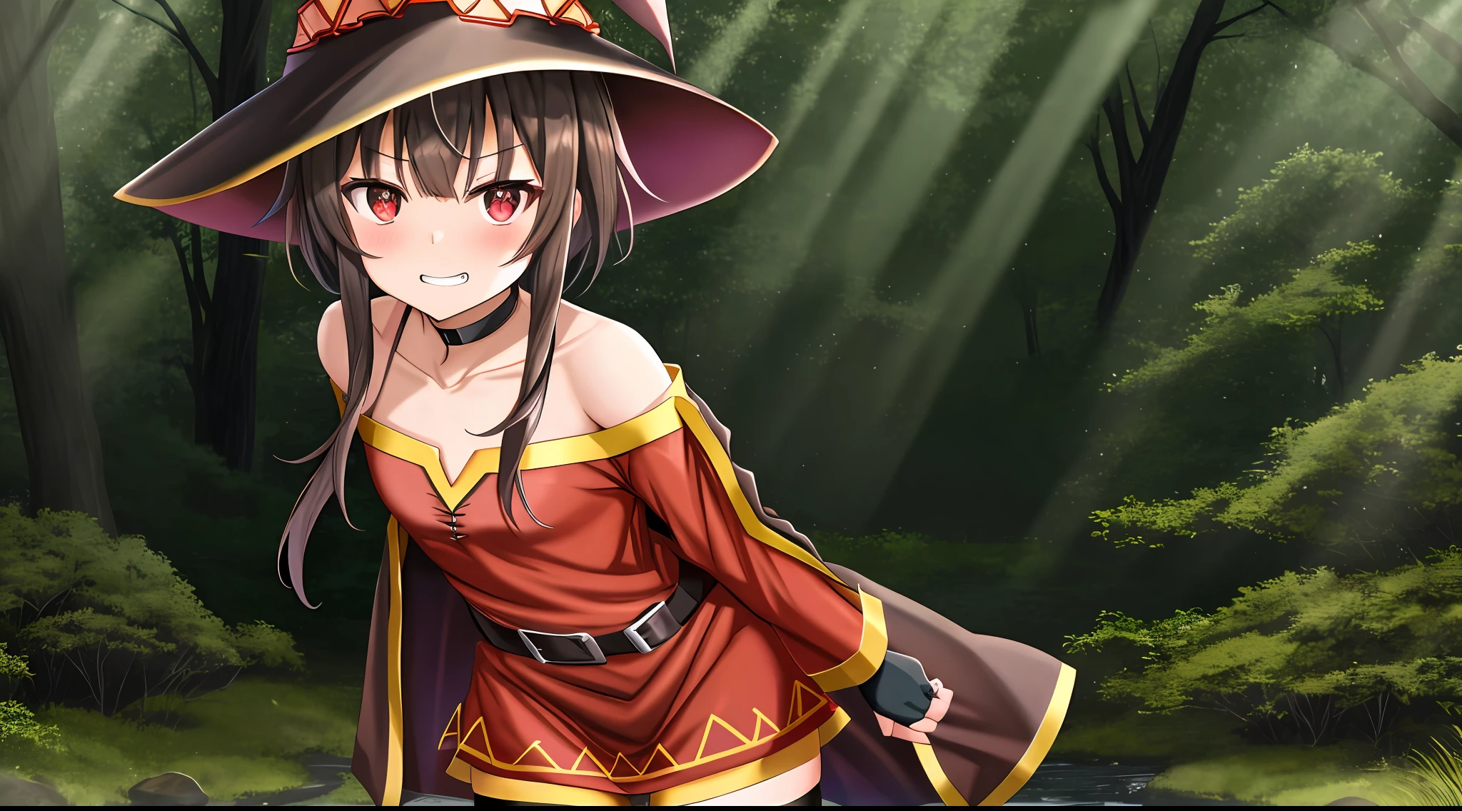 megumin, kono subarashii sekai ni shukufuku wo!, 1girl, solo, standing, looking at viewer, hat, witch hat, brown hair, short hair with long locks, red eyes, blush, evil grin, black choker, collarbone, flat chest, off-shoulder dress, dress, red dress, brown cape, long sleeves, black gloves, fingerless gloves, belt, brown belt, gold trim, zettai ryouiki, skindentation, (asymmetrical legwear:1.4), mismatched legwear, (bandaged leg:1.3), black thighhighs, (forest:1.4), Surrounded by flames