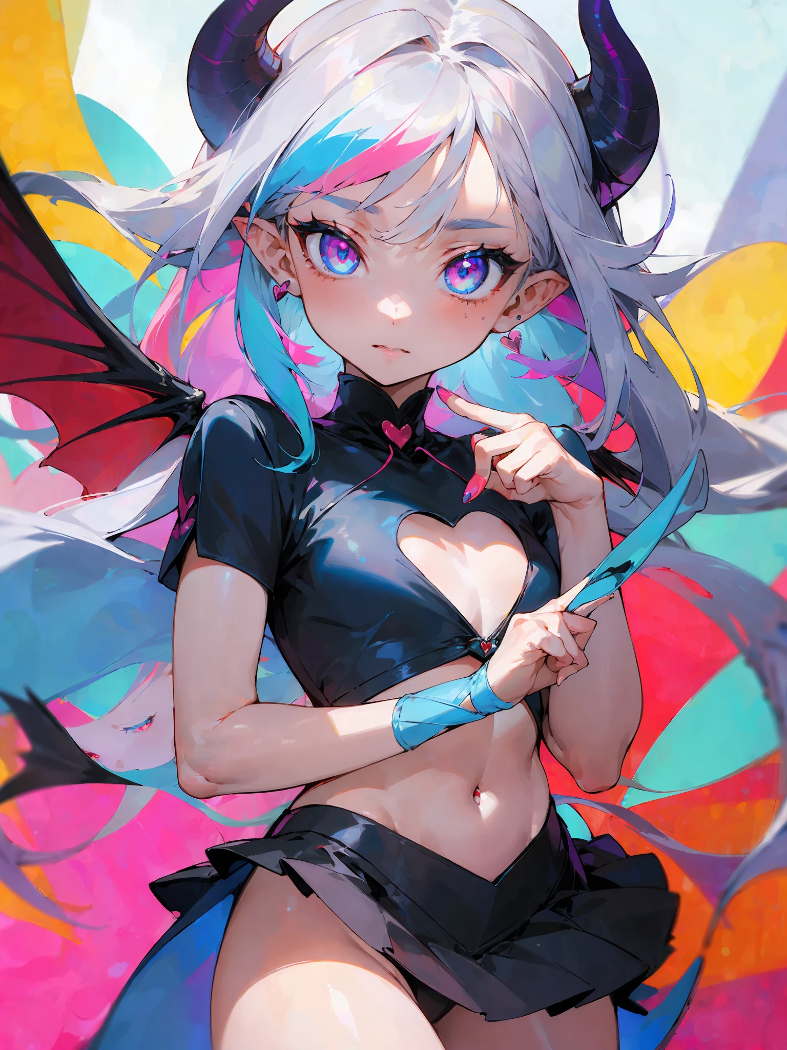 ((masterpiece, best)), 1girl, (mature woman: 1.4), 130mm f1.4 lens, 1girl, solo, pointed ears, heart-shaped pupils, micro skirt, looking down, demon girl, flat chest, demon wings, saturated, colorful , colorful hair, silver hair, blue hair, colorful eyes