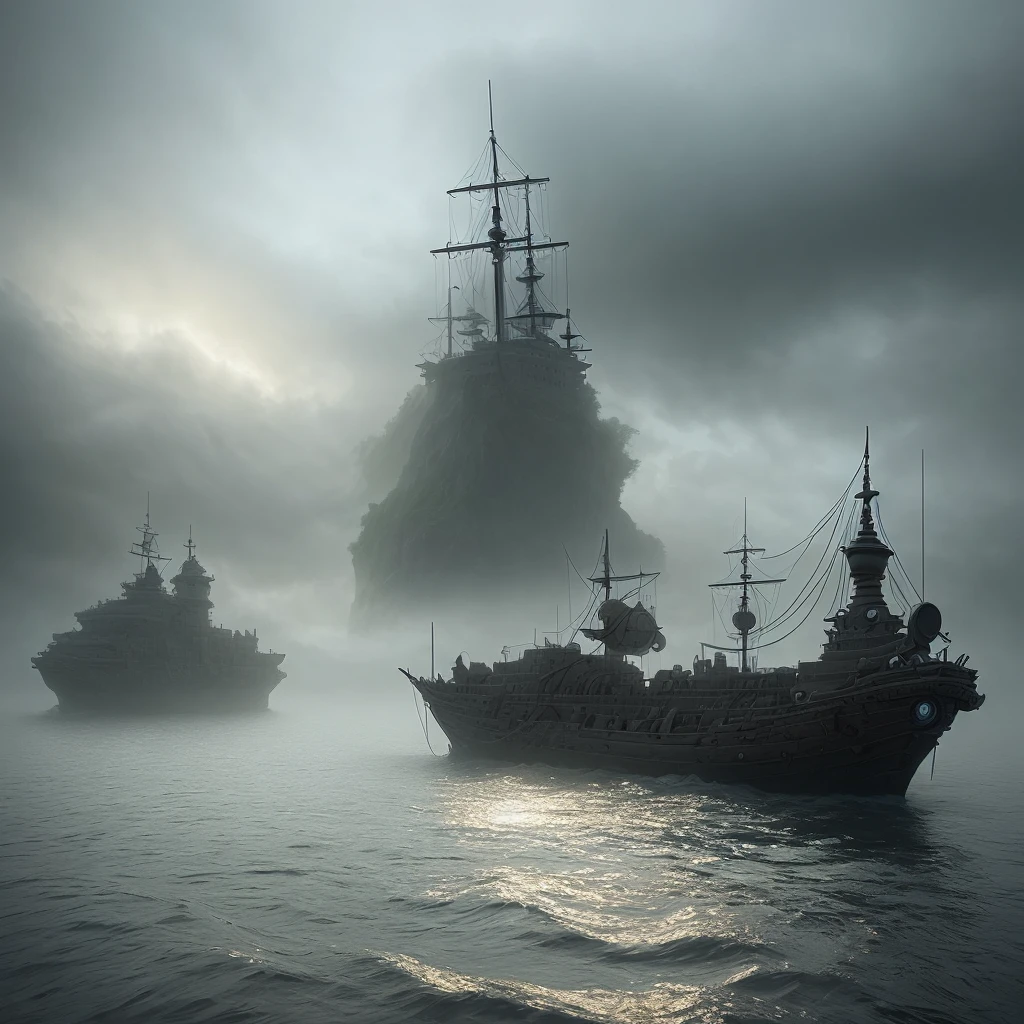 (highly detailed:1.2),(best quality:1.2),(8k:1.0),(emb-rrf-low:1.0),sharp focus,(award-winning photograph:1.2), (subsurface scattering:1.1), a boat that is floating in a body of water, a matte painting, cgsociety contest winner, pirate setting, misty mood, photo shot, in stunning digital paint, dramatic scenery, photoshop render, wide-shot, pirates, gloomy misty atmosphere, gorgeous 3d render