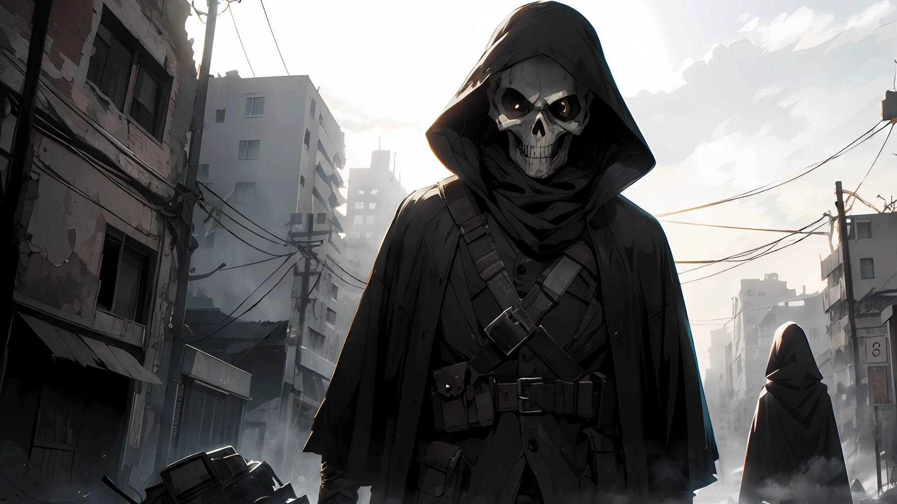 Post-apocalypse, ruined city, soft lighting, a shadowy being with skull face and wearing a poncho, morbid appearance, dramatic environment, ultra detailed