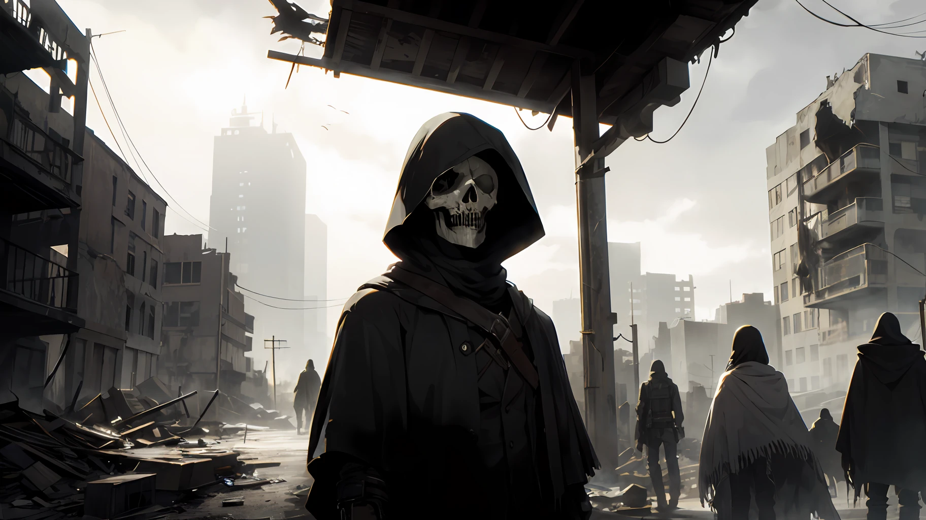 Post-apocalypse, ruined city, soft lighting, a shadowy being with skull face and wearing a poncho, morbid appearance, dramatic environment, ultra detailed