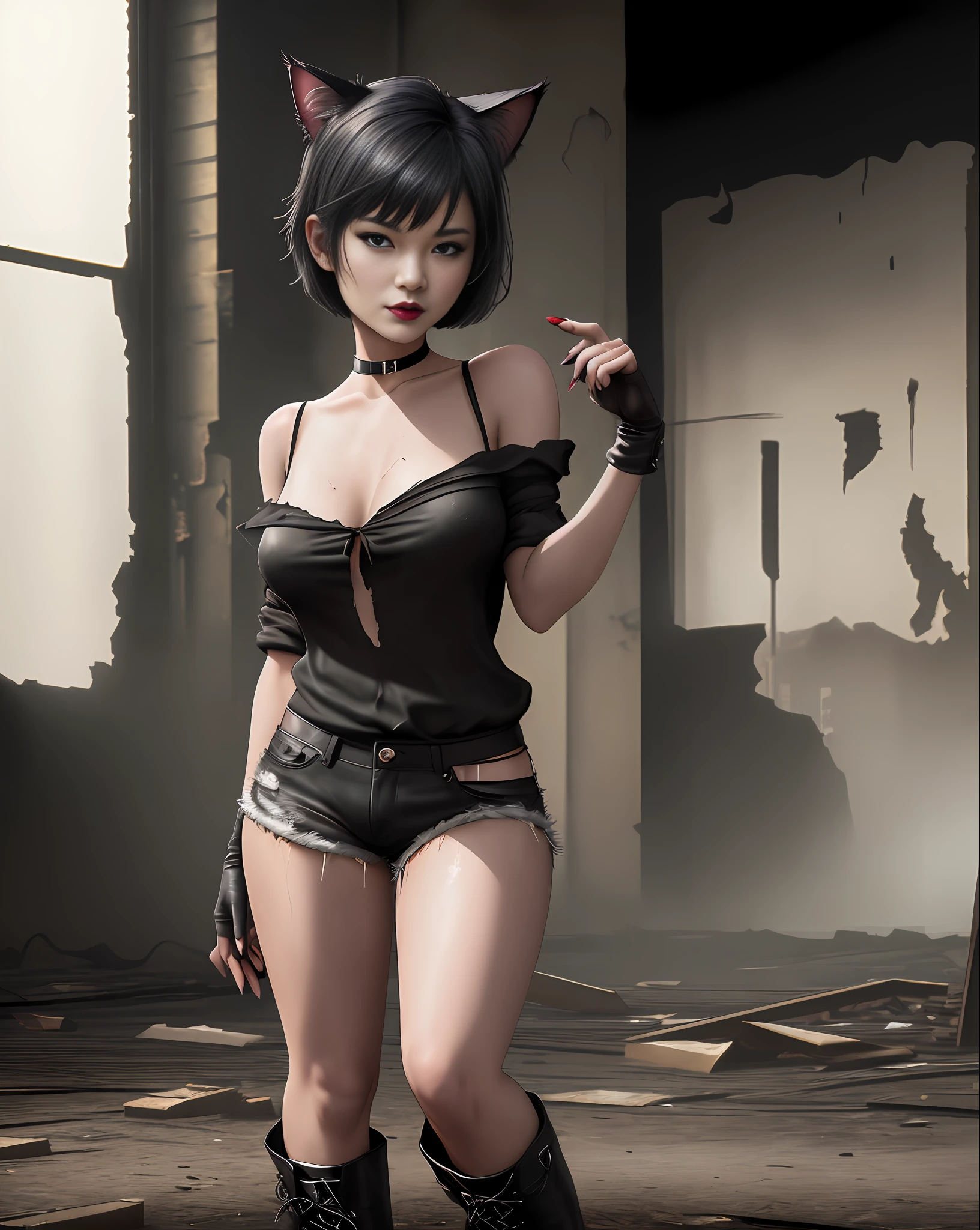 Girl doing bold pose standing, cat ears, seductive, medium breasts, cat syrup, black lipstick, black blouse dropped on the side, short and torn black shorts, black boot, black glove, short black hair, crepe fabric, attractive, all dirty with blood. (Warehouse at night, one in the morning, old and abandoned place, night, dust flying), (ambient lighting, masterpiece, posing for the camera, seducing, depth of field, 4K, 35mm lens, richness of detail). Hollywood Style