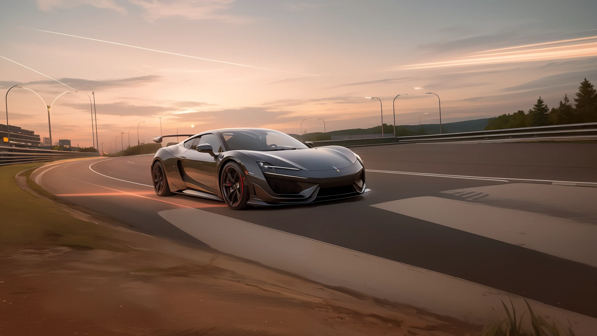 masterpiece,car, ground_vehicle , vehicle_focus, sports car, highway, light trail, glasstech , scifi, chromatic aberration, city lights, illustration,