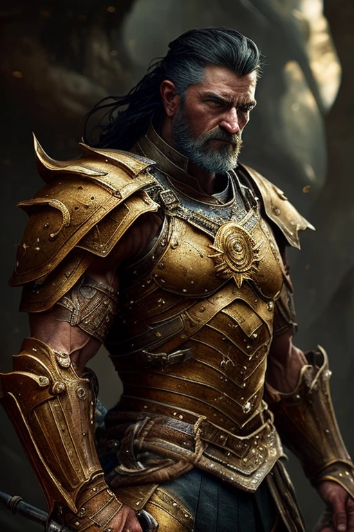 (Masterpiece), (Extreme), (Super detailed), (Full Body), a Viking in golden armor, holding a shield in his left hand and a hammer in his right hand coming out of lightning, full body image, futuristic detailed background, strong man, radiating a golden light from the armor, muscular, showing the abdominal muscles, abdominal muscles to show, in attack position, angry expression,  Show the shield in the foreground in detail