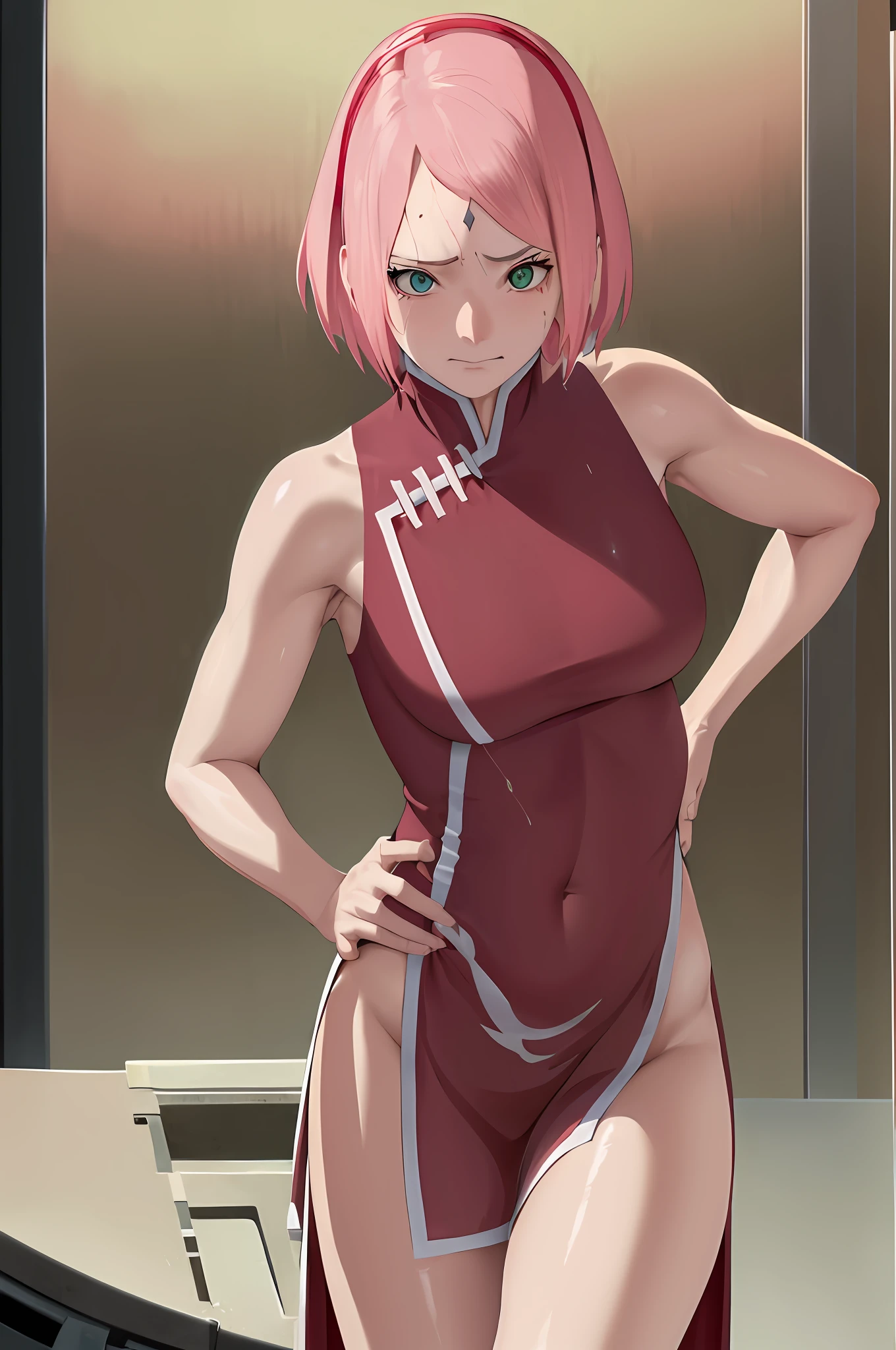 masterpiece, absurdres , (intricate details), (colorful),cinematic lighting,bust shot,extremely detailed CG unity 8k wallpaper,1girl, haruno sakura,red hairband,forehead mark,washing machine,red sleeveless dress, hand on hip, angry, pov,navel, panties, bottomless,