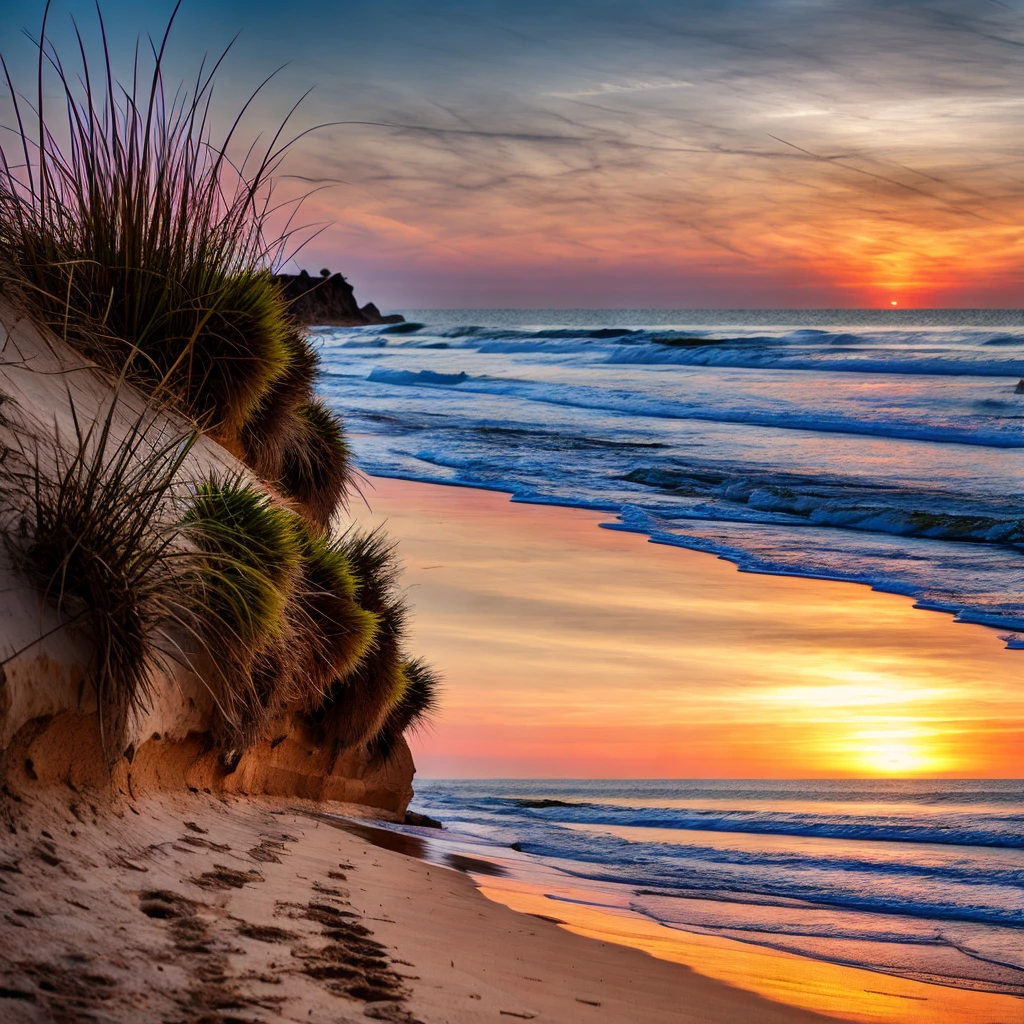 Hyper realistic deserted beach landscape with sunset