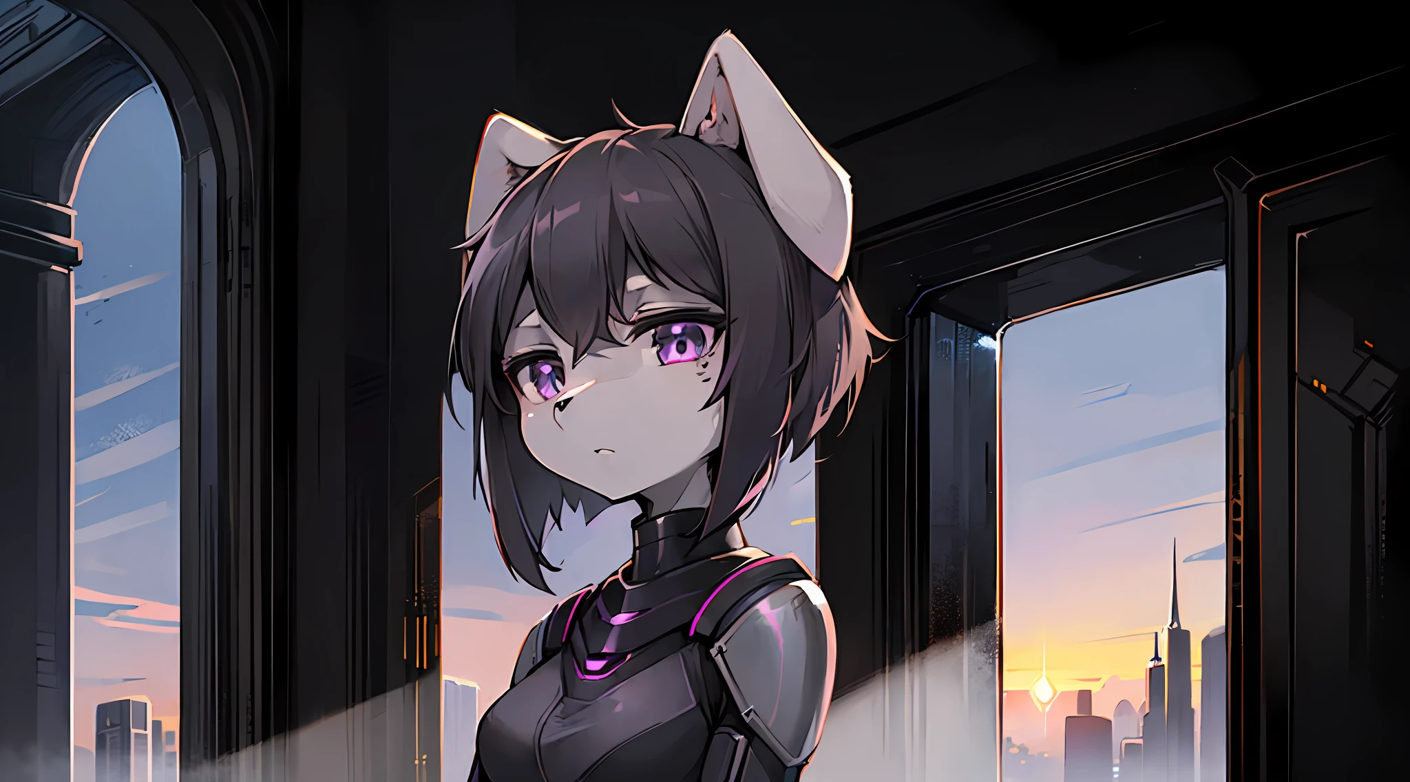1girl, mature furry female, two-tone dark grey and light grey body fur, short black hair, purple ringed eyes, modern body armor, ((long floppy ears)), looking at viewer, emotionless, solo, ((close up of upper body)), sunset in a futuristic city