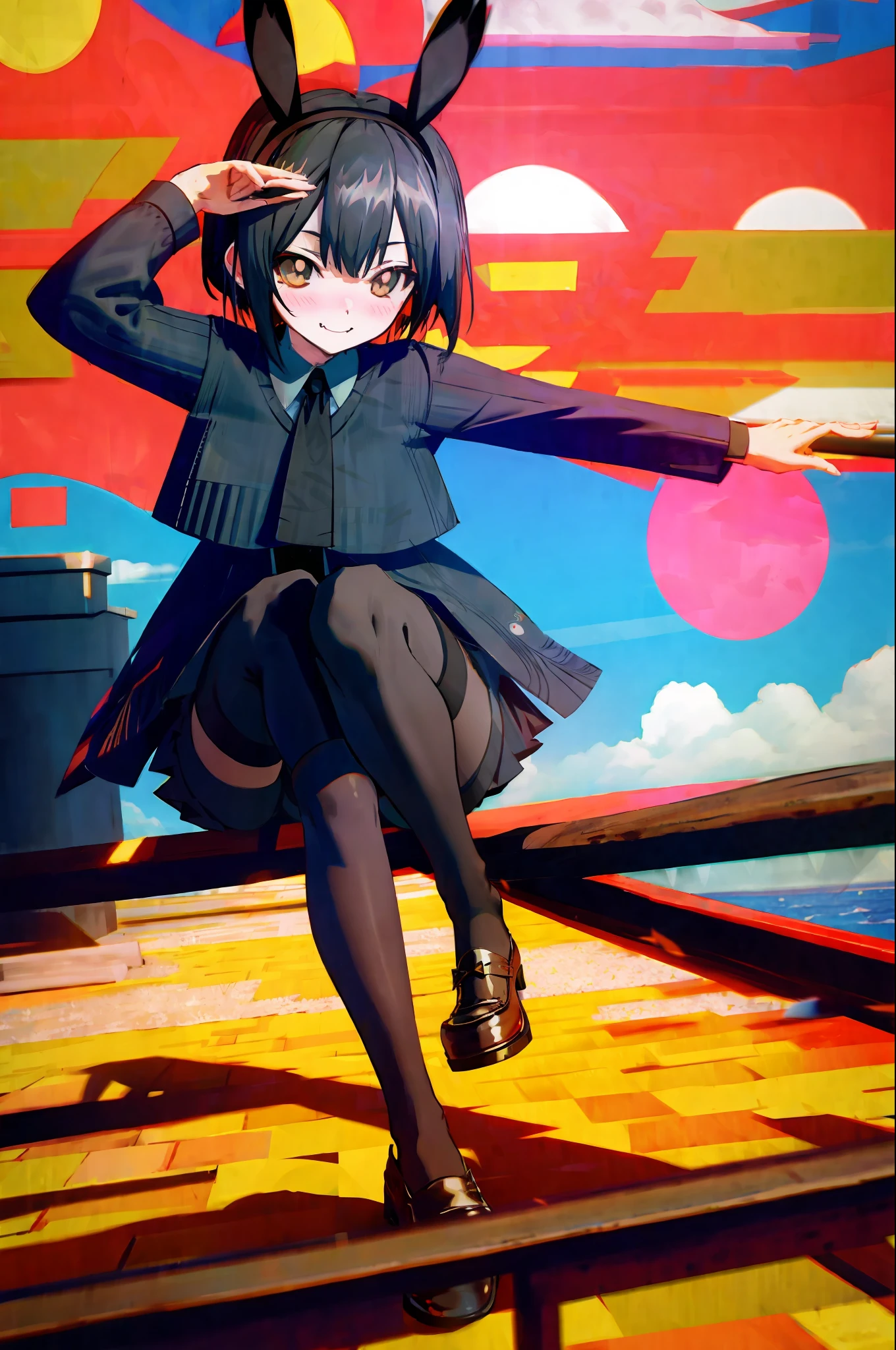 black hair, hair bobbles, wince, longeyelashes, solid circle eyes, fake animal ears, light smile, ear blush, fang, Surrealism, drop shadow, anaglyph, stereogram, tachi-e, pov, atmospheric perspective, 8k, super detail, ccurate, best quality,Black stockings, squat, high quality, bare boobs, bright eyes,