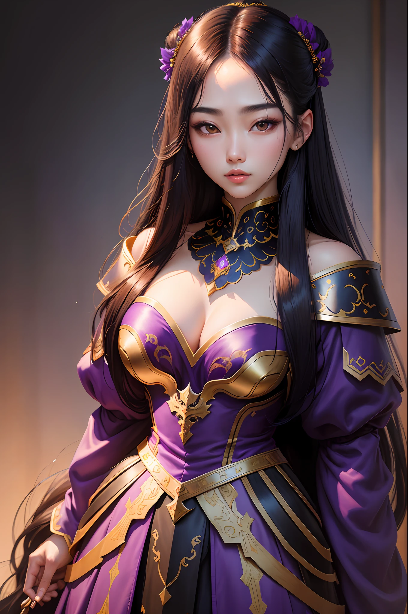 Portrait centered from shoulders to head, 4D Renaissance of a twenty-year-old South Korean girl with long straight hair and loose black, gorgeous super detailed face, this wearing gorgeous purple warrior outfits, minimialist, high resolution, super detailed painting