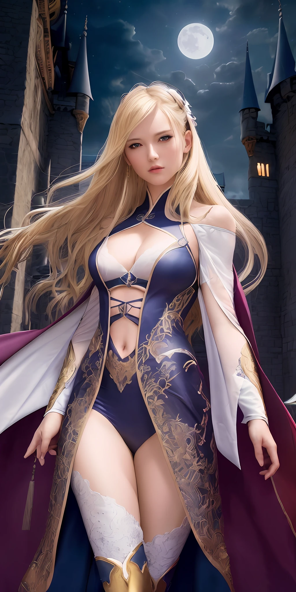 Masterpiece, highest quality, solo, (perfect face: 1.1), (high detail: 1.1), dramatic, dynamic pose, 1girl, breasts, blonde, blue eyes, solo, cleavage, long hair, curved, small breasts, hanfu, thighs, covering navel, intricate patterns, bare shoulders, slender tall figure, pink lips, covering, robes, pelvic curtains, castle, night, moon, detailed background, artgerm and greg rutkowski's art, film lighting,