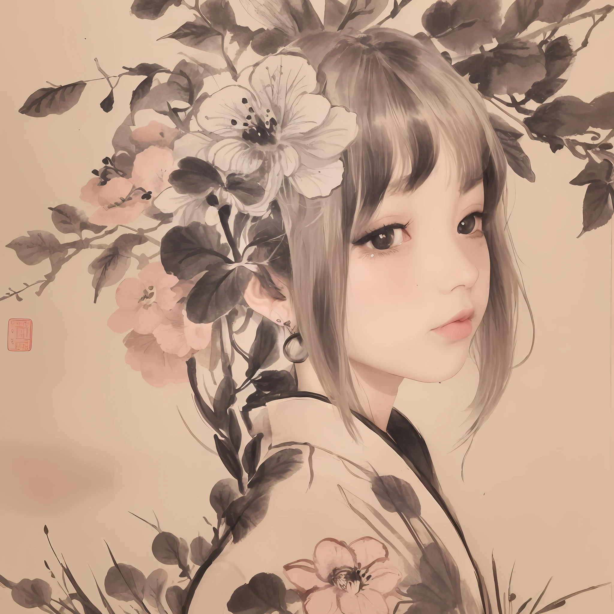 shukezouma, negative space, , shuimobysim ,(portrait:1.2), solo, masterpiece, best quality,flower, looking to the side, peach blossom, bangs,,  traditional chinese ink painting,