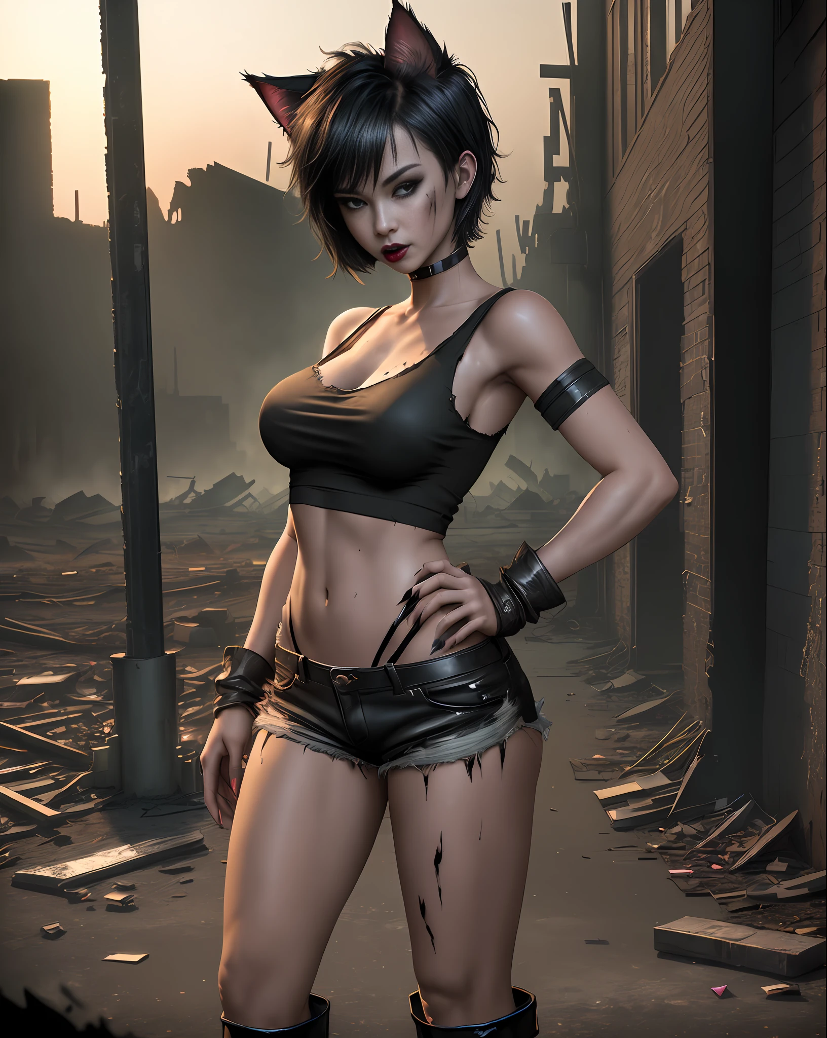 Girl doing bold pose standing, cat ears, seductive, medium breasts, black lipstick, black T-shirt dropped on side, short and torn black shorts, black boot, black claws, short black hair, thin fabric, attractive, blood-stained hands. (Warehouse at night, dawn, old and abandoned place at night, night, dust flying, apocalyptic scenery, city destroyed at night). (ambient lighting, masterpiece, posing for the camera, seducing, depth of field, 4K, 35mm lens, richness of detail). Hollywood Style