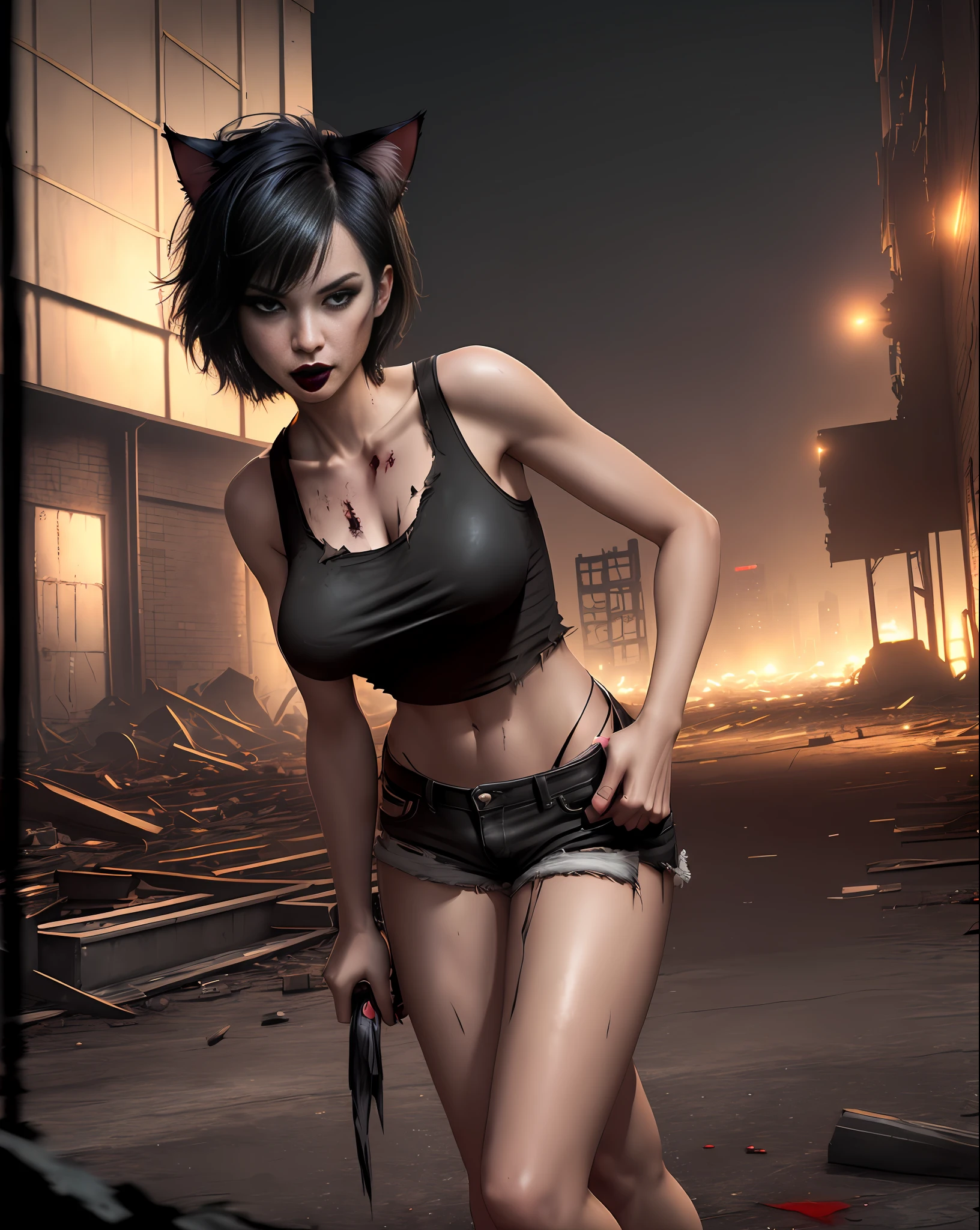 Girl doing bold pose standing, cat ears, seductive, medium breasts, black lipstick, black T-shirt dropped on side, short and torn black shorts, black boot, black claws, short black hair, thin fabric, attractive, blood-stained hands. (Warehouse at night, dawn, old and abandoned place at night, night, dust flying, apocalyptic scenery, city destroyed at night). (ambient lighting, masterpiece, posing for the camera, seducing, depth of field, 4K, 35mm lens, richness of detail). Hollywood Style