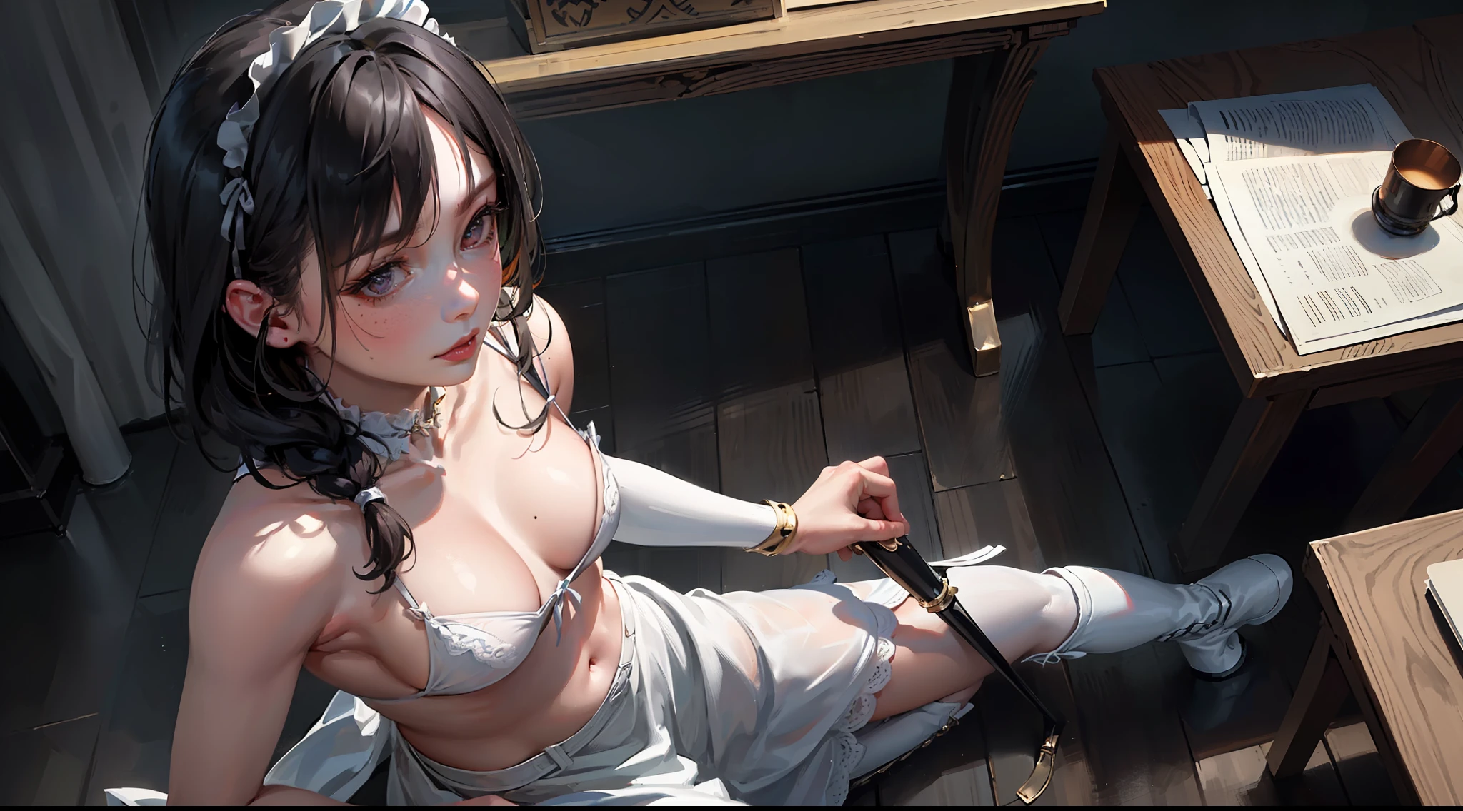 girl, maid, very sexy, (boot:1.3), (chest:1.3), light skin, realistic skin, occasional moles, looking at viewer, standing embarrassed, shoulder-length hair, dark hair, castle yard in the background, detailed face, detailed hands, detailed legs, detailed fingers, detailed hair, detailed eyes, detailed skin, dynamic lighting, 8k uhd, (photo realistic), (photorealistic:1.4), (hyper realistic), from above, (masterpiece), (best quality)