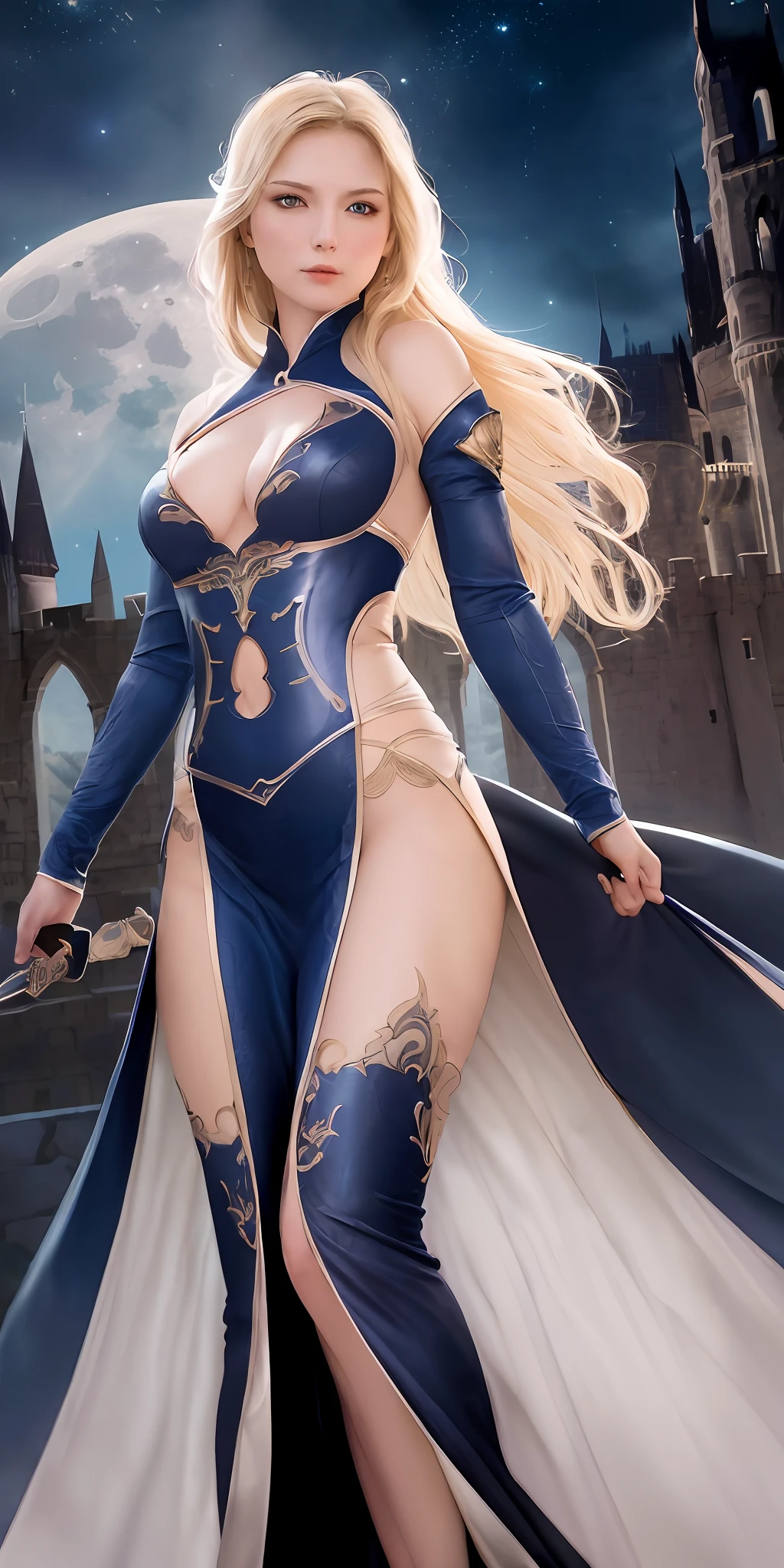 Masterpiece, highest quality, solo, (perfect face: 1.1), (high detail: 1.1), dramatic, dynamic pose, 1girl, breasts, blonde, blue eyes, solo, cleavage, long hair, curved, small breasts, hanfu, thighs, covering navel, intricate patterns, bare shoulders, slender tall figure, pink lips, covering, robes, pelvic curtains, castle, night, moon, detailed background, artgerm and greg rutkowski's art, film lighting,