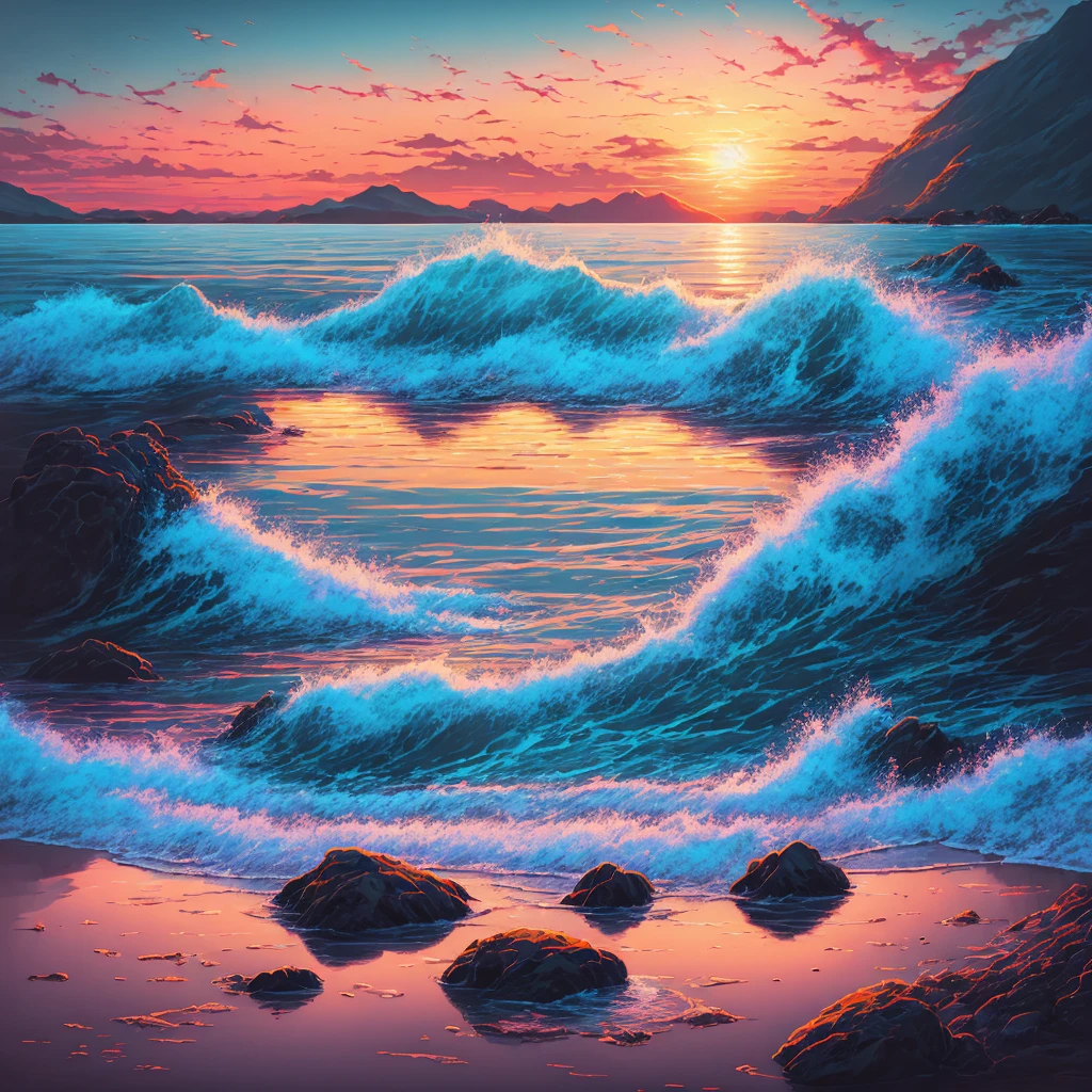 (illustration,landscape,ocean,protoype,3D),beautiful sunset,mesmerizing water,calm and peaceful,crimson sky,reflecting in the water,subtle yet impactful,gradual fade,as if the world itself is fading away.