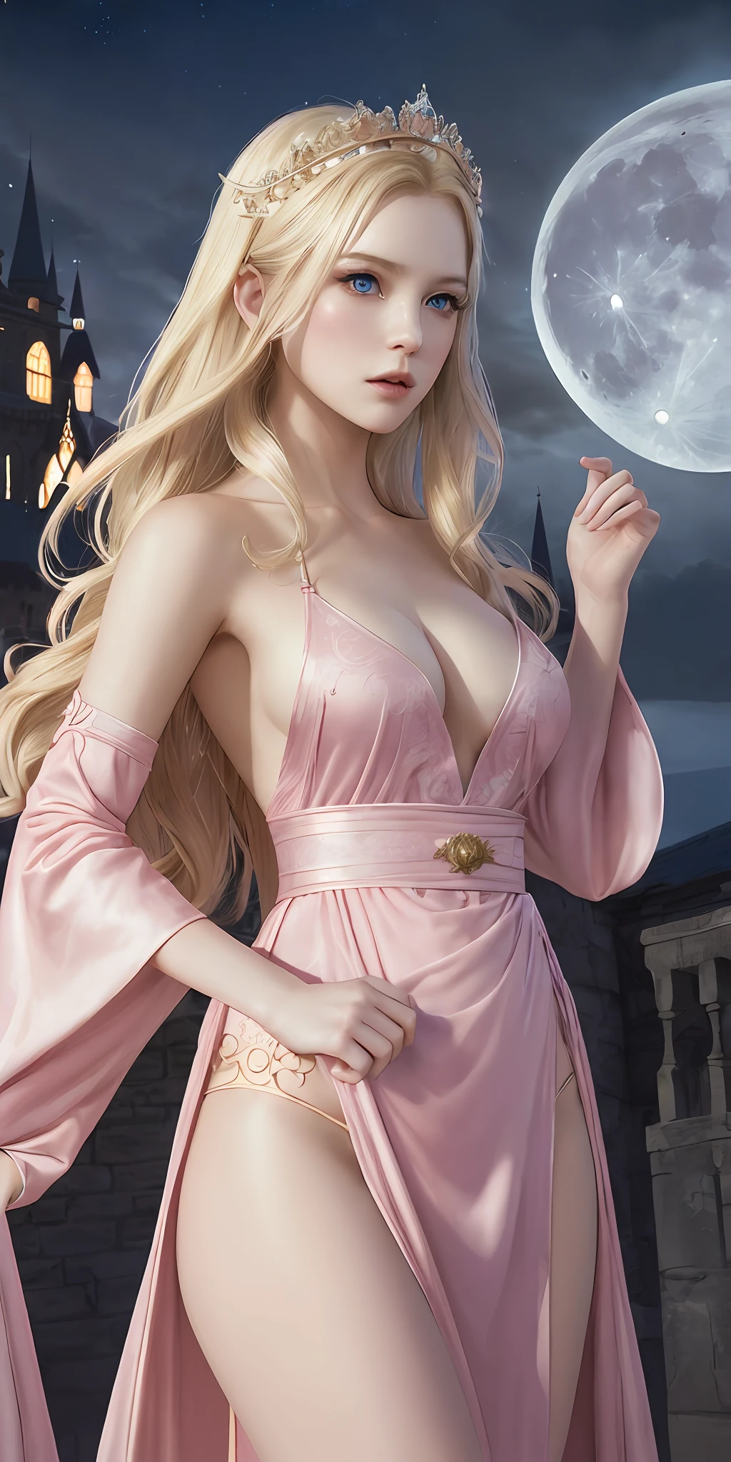 Masterpiece, highest quality, solo, (perfect face: 1.1), (high detail: 1.1), dramatic, dynamic pose, 1girl, breasts, blonde, bright blue eyes, solo, cleavage, delicate and characteristic pretty face, long hair, curved, small breasts, hanfu, thighs, covering navel, intricate patterns, bare shoulders, slender tall figure, pink lips, covering, robes, pelvic curtains, castle, night, moon, detailed background, artgerm and greg Rutkowski's art, film lighting,