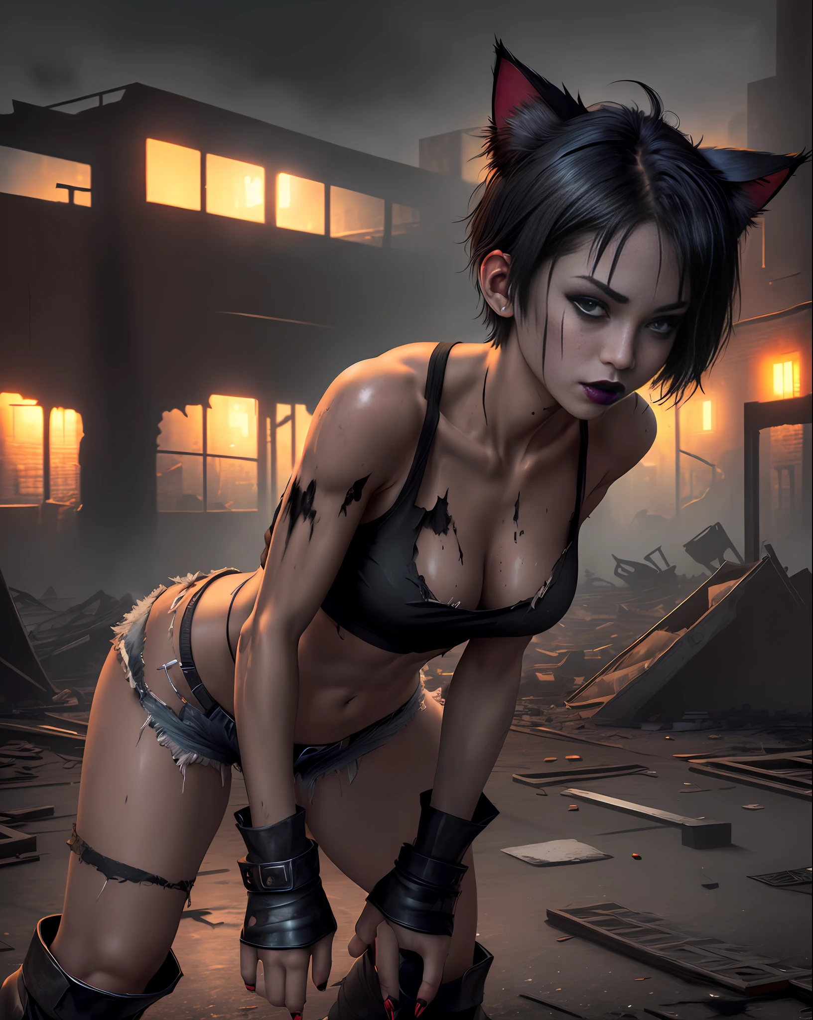 Girl doing bold pose standing, cat ears, seductive, medium breasts, black lipstick, sweaty body, torn black t-shirt, short and torn black shorts, black boot, black claws, short black hair, thin fabric, attractive, blood-stained hands. (Warehouse at night, dawn, old and abandoned place at night, night, dust flying, apocalyptic scenery, city destroyed at night). (ambient lighting, masterpiece, posing for the camera, seducing, depth of field, 4K, 35mm lens, richness of detail). Hollywood Style