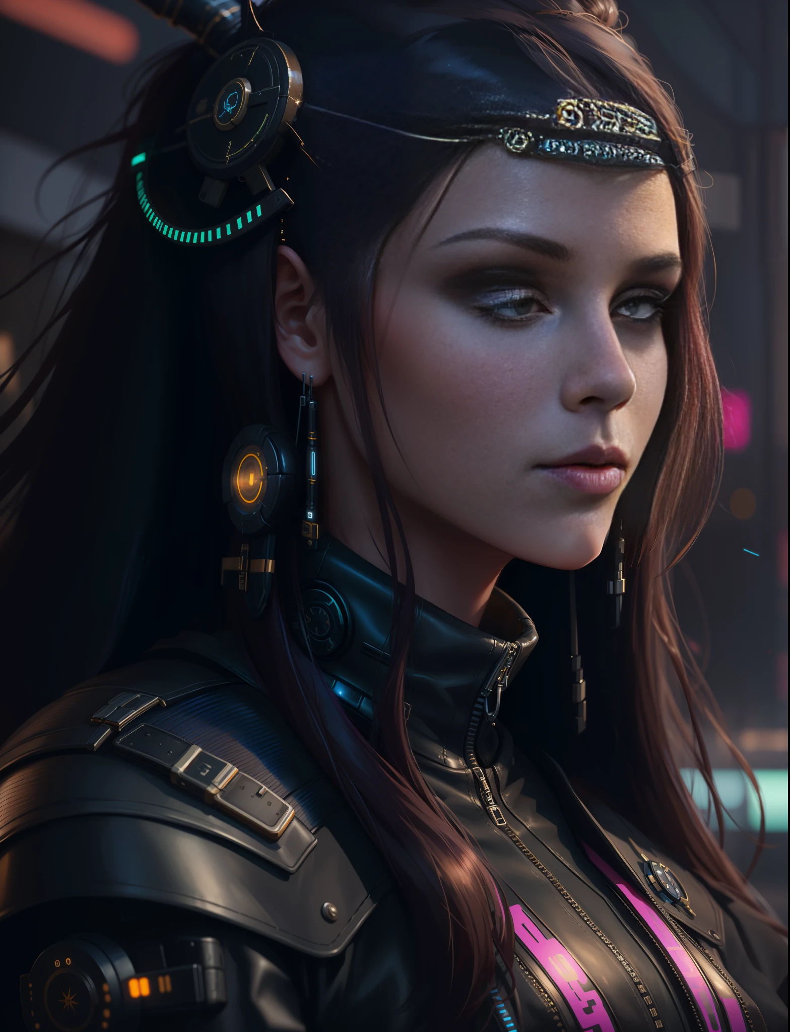 a close up of a woman with a headpiece and a leather jacket, dreamy cyberpunk girl, 4k highly detailed digital art, cgsociety portrait, the cyberpunk girl portrait, beautiful cyberpunk girl face, 4k detailed digital art, detailed matte fantasy portrait, cyberpunk beautiful girl, portrait beautiful sci - fi girl, 8k high quality detailed art