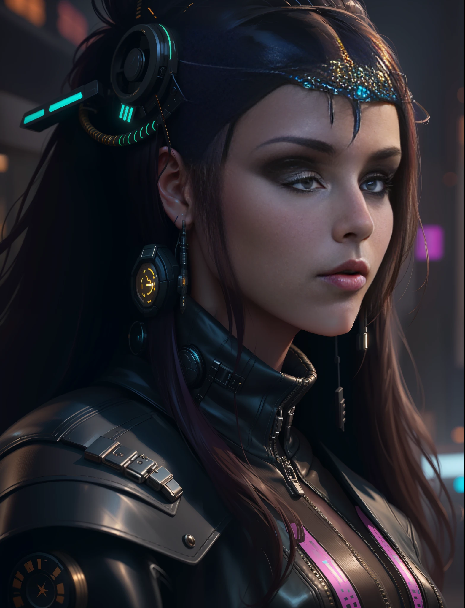 a close up of a woman with a headpiece and a leather jacket, dreamy cyberpunk girl, 4k highly detailed digital art, cgsociety portrait, the cyberpunk girl portrait, beautiful cyberpunk girl face, 4k detailed digital art, detailed matte fantasy portrait, cyberpunk beautiful girl, portrait beautiful sci - fi girl, 8k high quality detailed art
