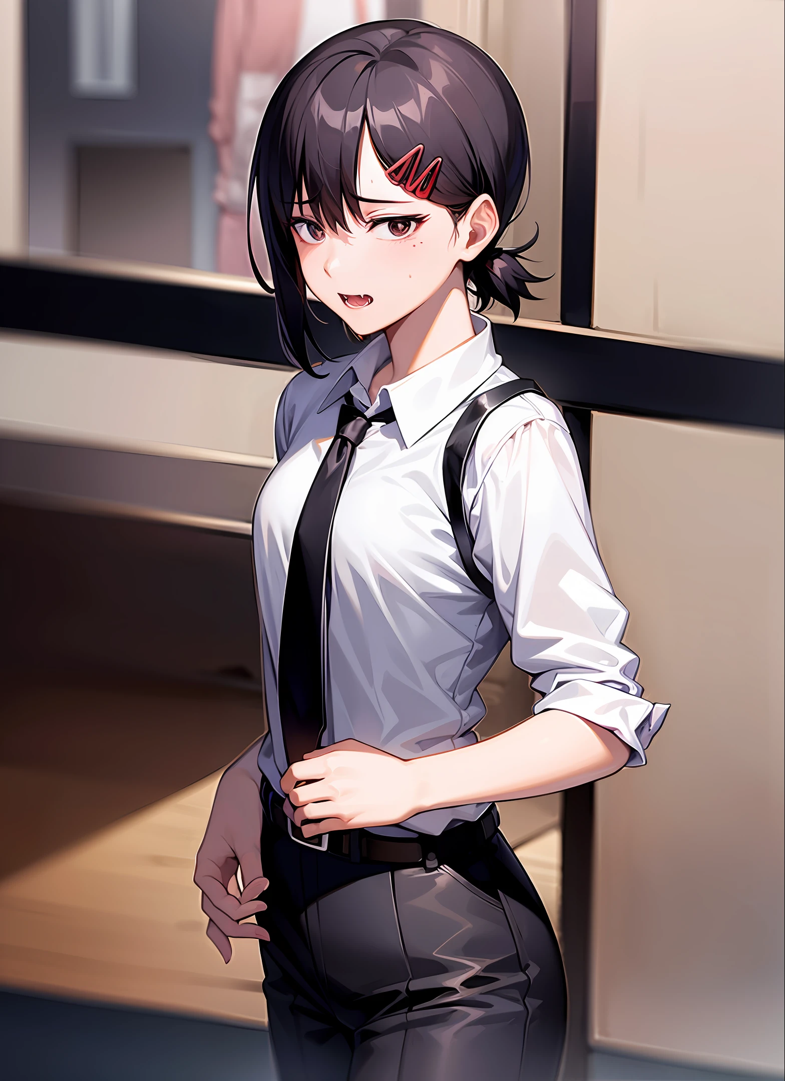 masterpiece, best quality, highres, dja, black necktie, white shirt, collared shirt, sleevesa rolled up, black pants, belt, short hair, cowboy shot, sharp teeth,