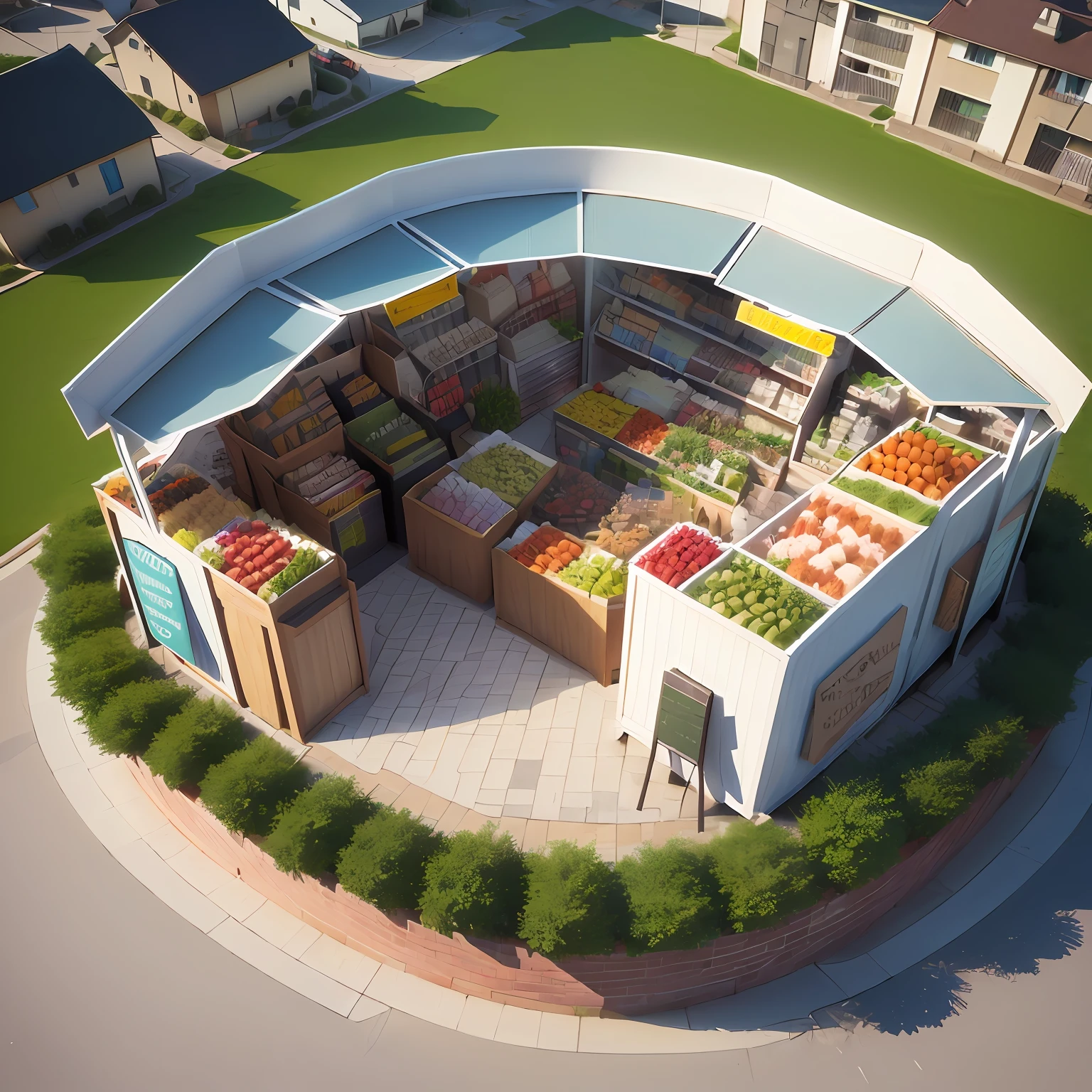 a small suburban marketplace enclosed on top of a plateau, aerial view, 3d art