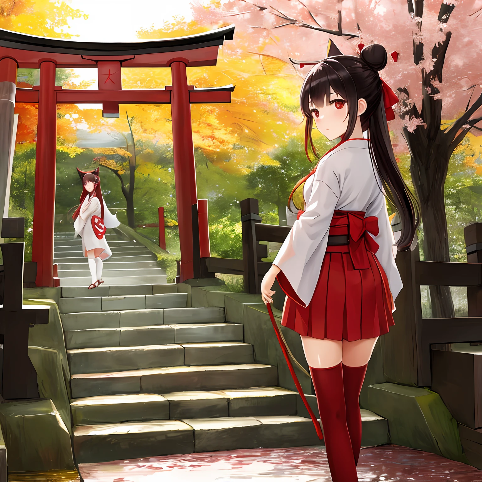 ((masterpiece,best quality)),outdoors, red torii, tree,  stairs,
2girls, miko,miko, looking at viewer, looking back,
red legwear, red ribbon, black hair,cherry blossoms, day, flower, hair bun, hair ribbon, japanese clothes, kimono, long hair, cat ears, small flowers，
multiple girls,  red eyes, red hair, ribbon, sandals, single hair bun, standing,clog sandals,white kimono, yellow eyes,sparkle,thighhighs,