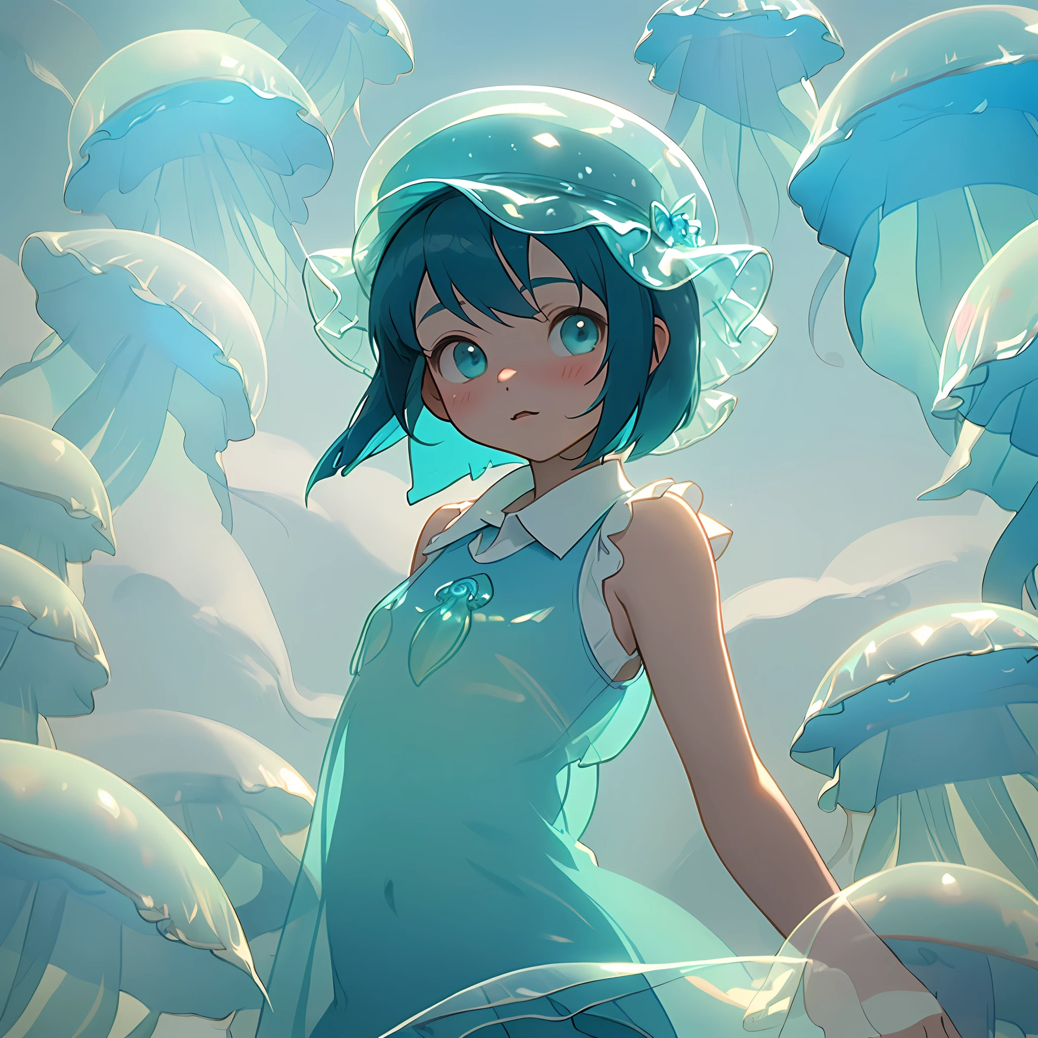 (Avatar, exquisite image, impasto style), (little , cyan ultra-short hair, translucent jellyfish hat, translucent sleeveless top, translucent collar, strapless, full of cuteness)