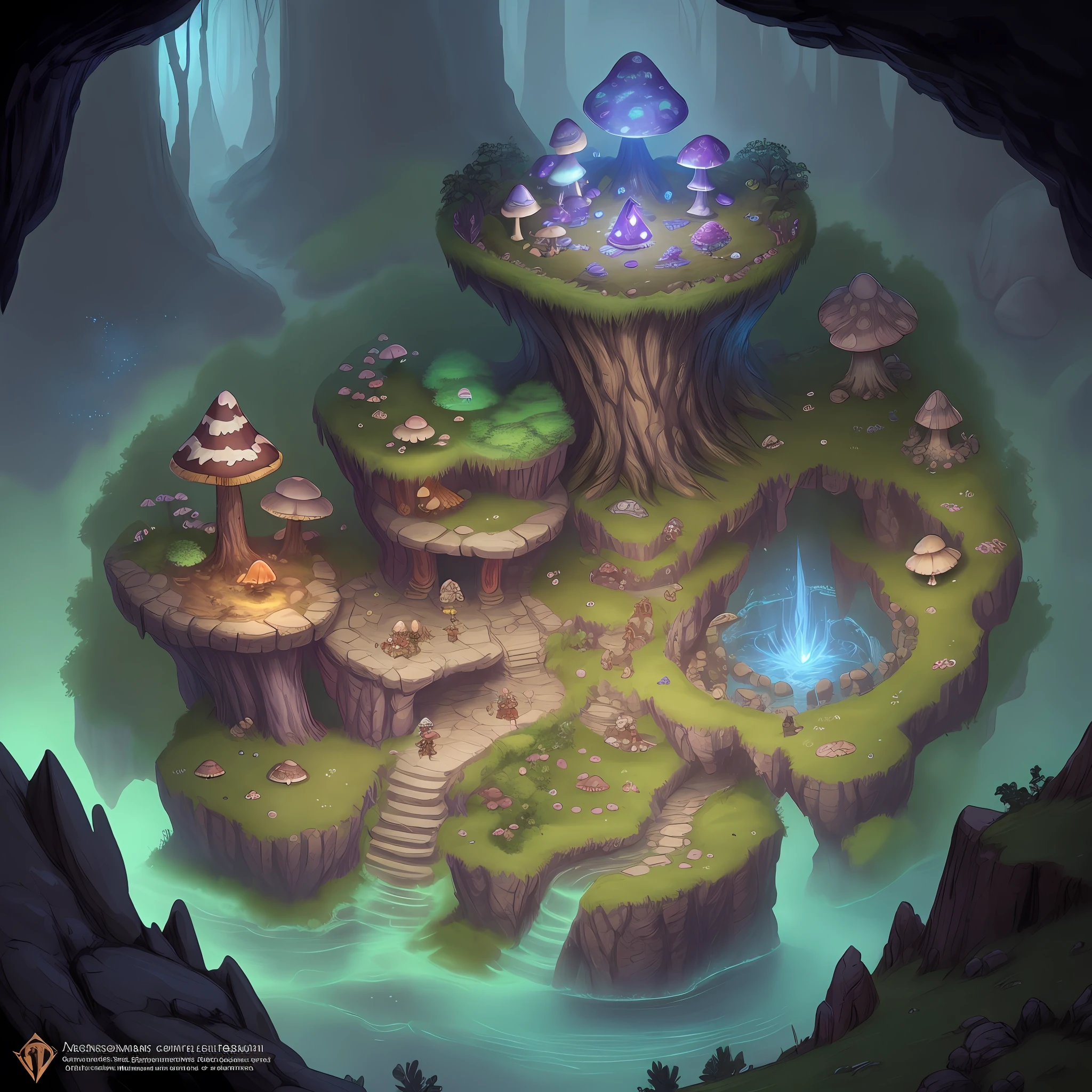 Dungeons and dragons combat map, dnd, mushroom cave, dimly lit, fantasy