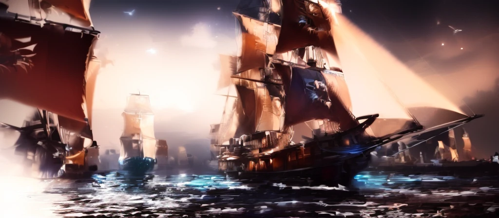 Masterpiece, Illustration, huggers, concept art, painting of ships in the ocean with stormy sea in the background, (at midnight with starry skies, Milky Way shooting stars),volumetric lighting, vibrant contrast, detailed cover artwork, fantasy, magical glowing particles, amazing wallpaper, pirate ship, old pirate ship, sailing ship, gothic ship on ocean, 4k highly detailed digital art, magical ships, detailed painting 4k, , GlowingRunesAI_paleblue,